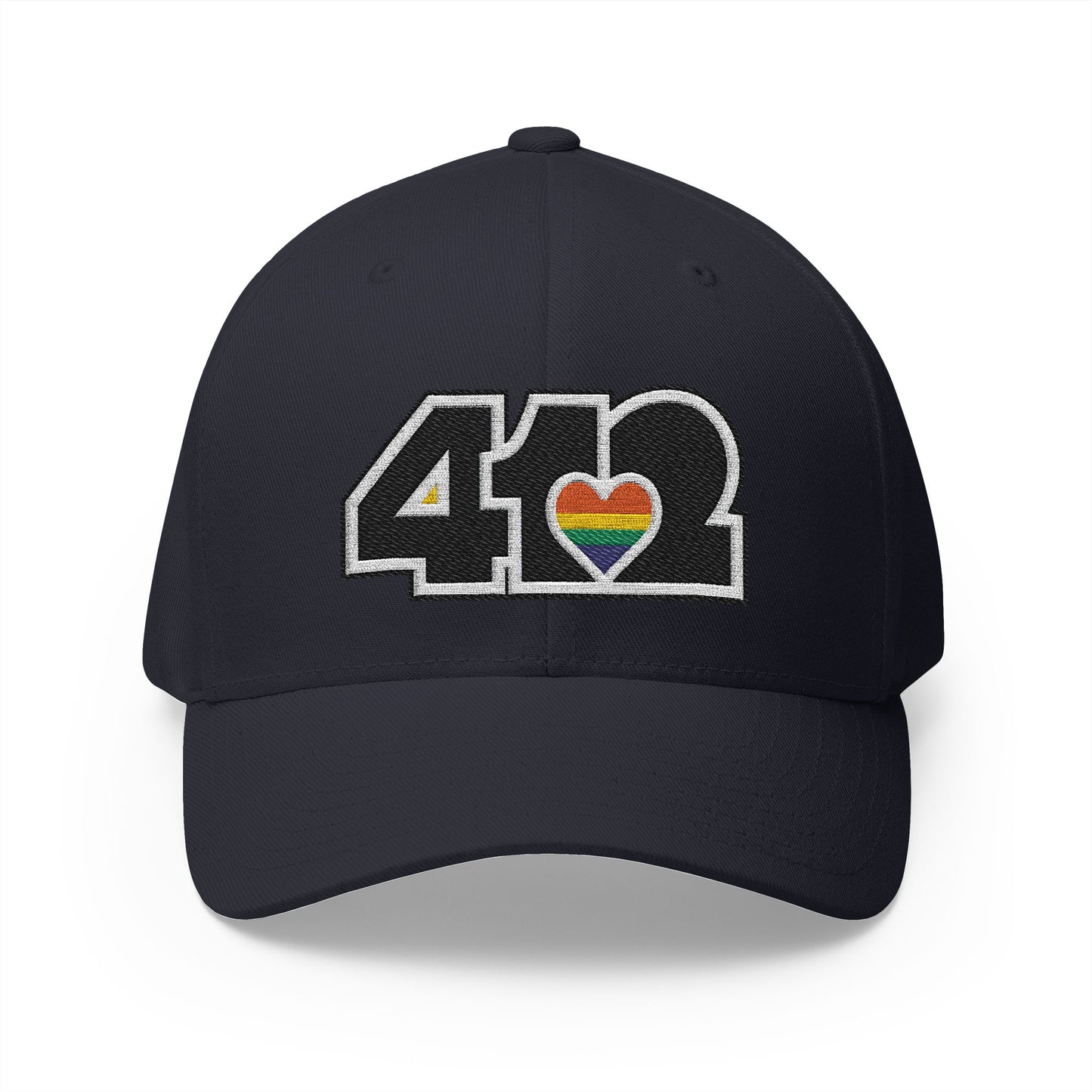 Stretch Fit Hat | Embroidered Black Rainbow 412 Logo. Apparel Color: Dark Navy. The sleek design, featuring a mid-profile silhouette, and a curved visor.
