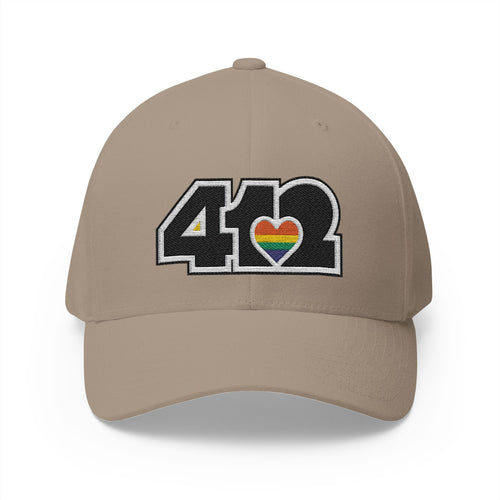 Stretch Fit Hat | Embroidered Black Rainbow 412 Logo. Apparel Color: Khaki. The sleek design, featuring a mid-profile silhouette, and a curved visor.
