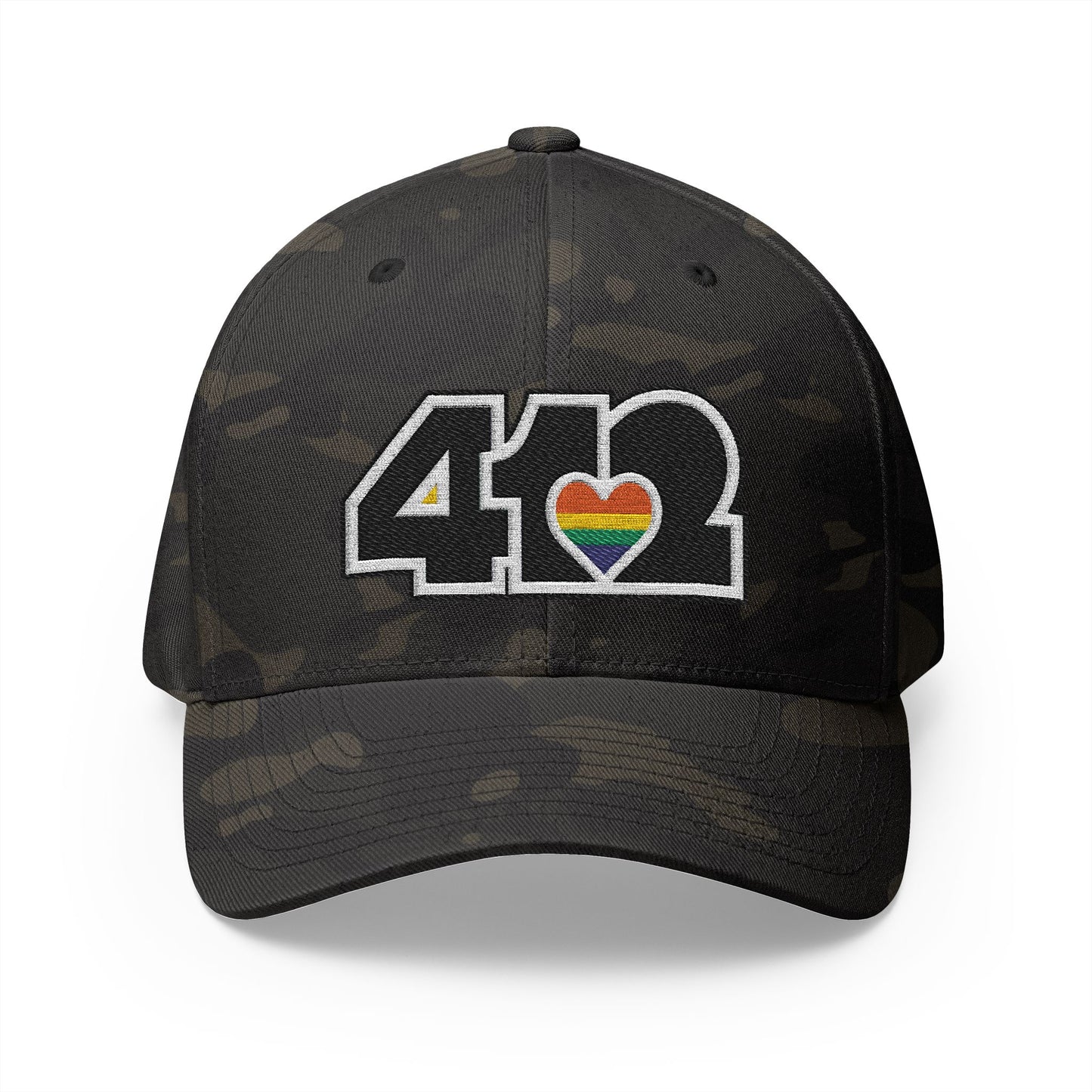 Stretch Fit Hat | Embroidered Black Rainbow 412 Logo. Apparel Color: Multicam Black. The sleek design, featuring a mid-profile silhouette, and a curved visor.
