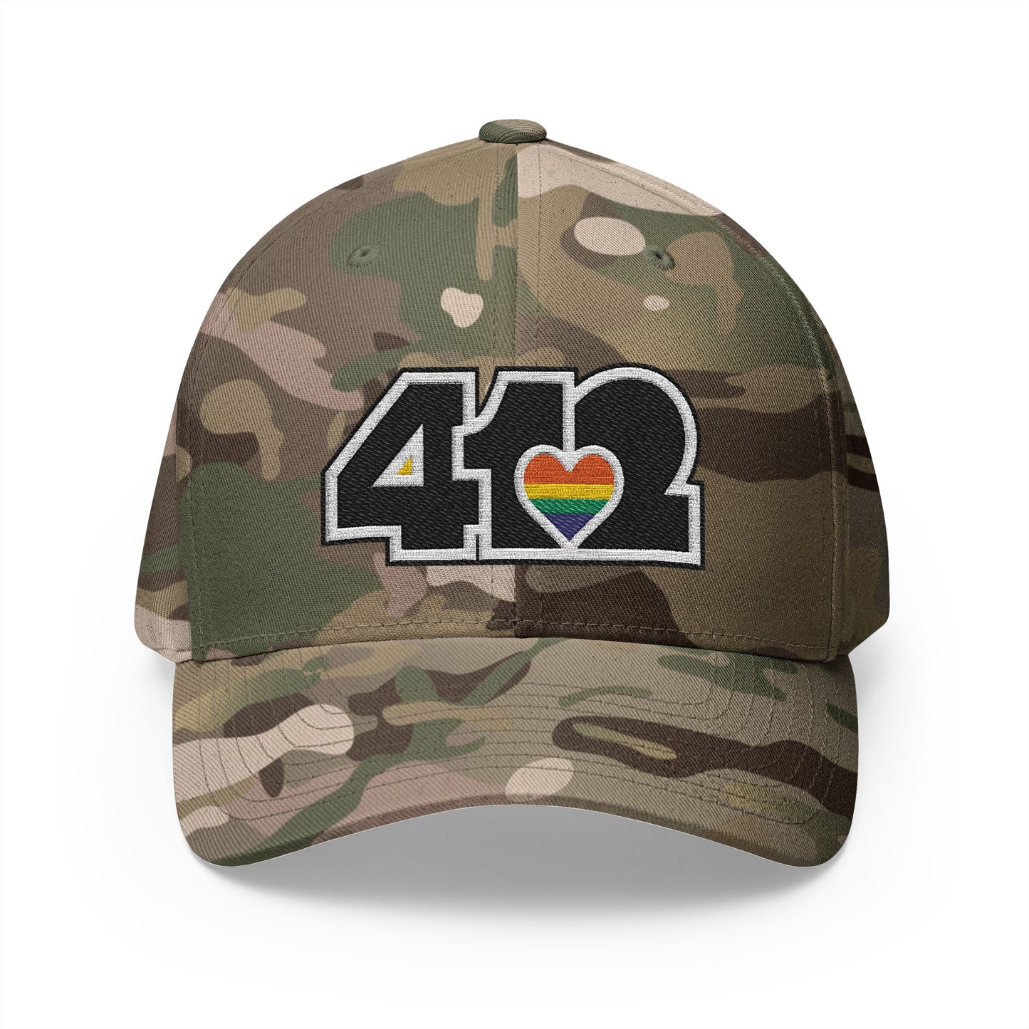 Stretch Fit Hat | Embroidered Black Rainbow 412 Logo. Apparel Color: Multicam Green. The sleek design, featuring a mid-profile silhouette, and a curved visor.