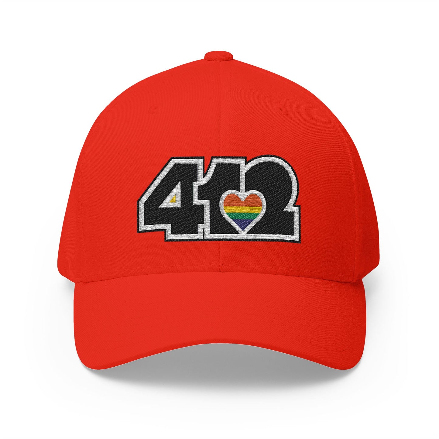 Stretch Fit Hat | Embroidered Black Rainbow 412 Logo. Apparel Color: Red. The sleek design, featuring a mid-profile silhouette, and a curved visor.