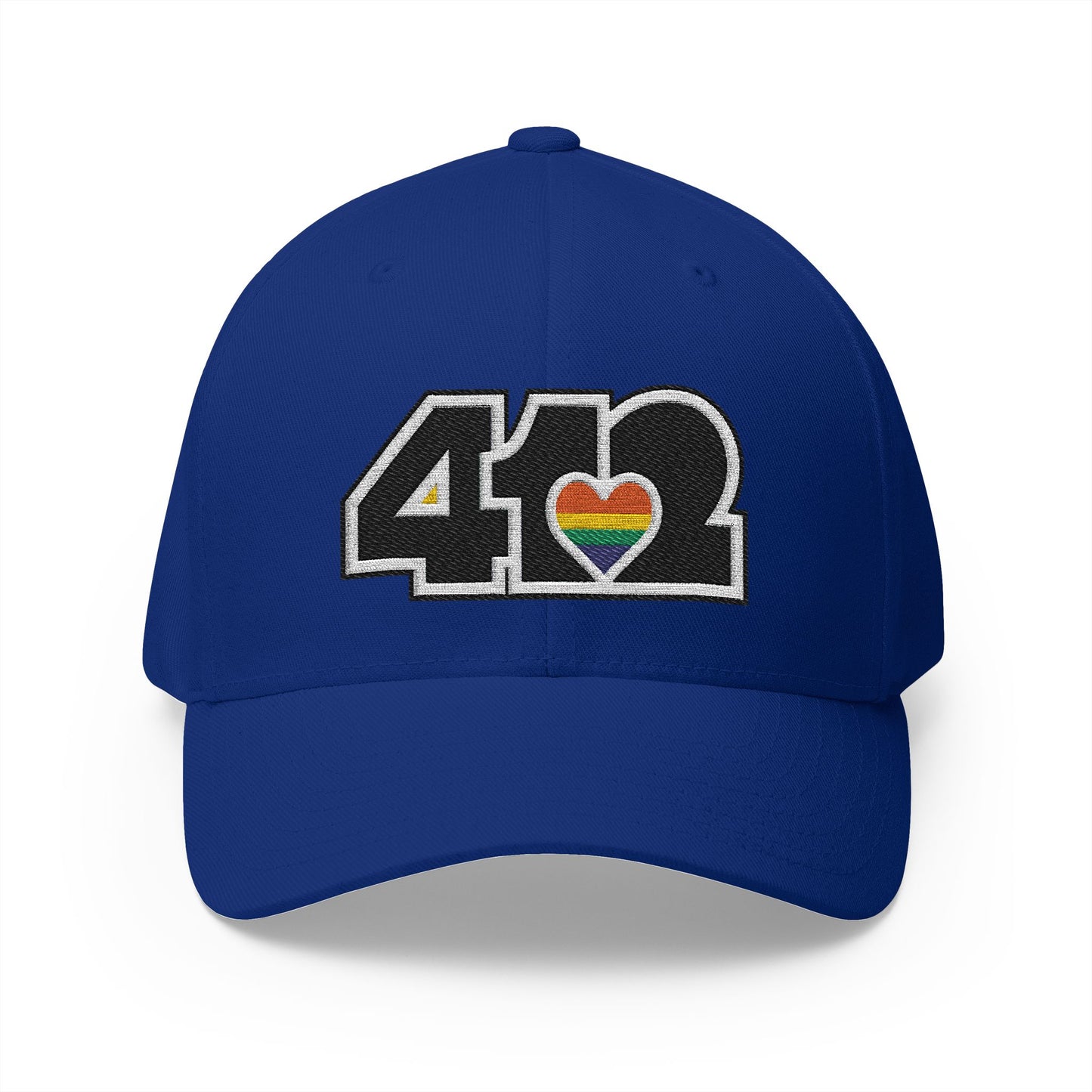 Stretch Fit Hat | Embroidered Black Rainbow 412 Logo. Apparel Color: Royal Blue. The sleek design, featuring a mid-profile silhouette, and a curved visor.