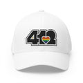 Stretch Fit Hat | Embroidered Black Rainbow 412 Logo. Apparel Color: White. The sleek design, featuring a mid-profile silhouette, and a curved visor.