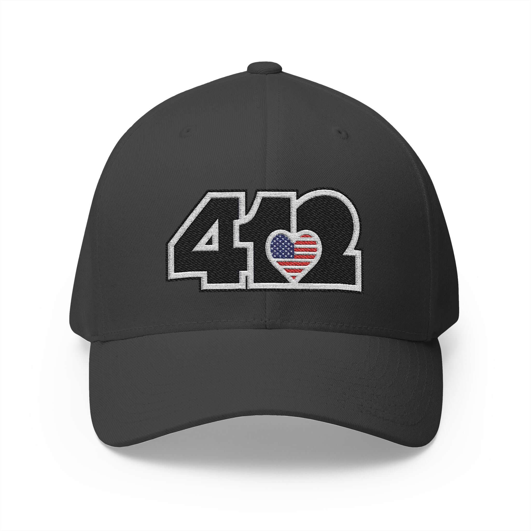Stretch Fit Hat | Embroidered Black Stars and Stripes 412 Logo. Apparel Color: Dark Grey. The sleek design, featuring a mid-profile silhouette, and a curved visor.