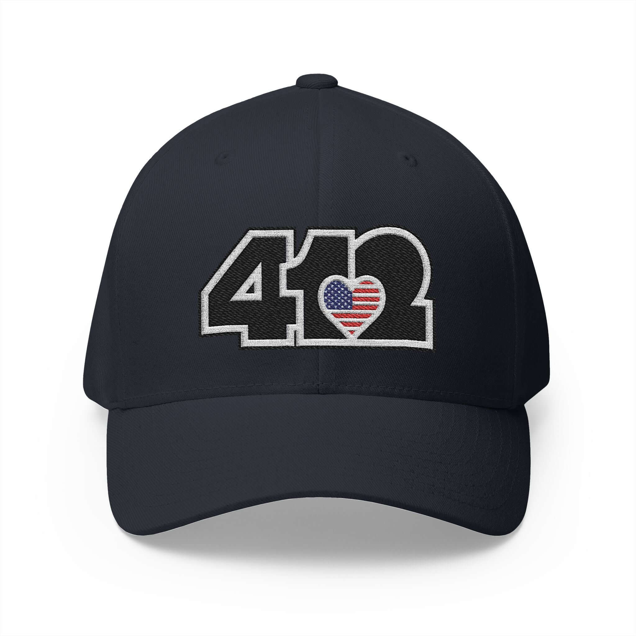 Stretch Fit Hat | Embroidered Black Stars and Stripes 412 Logo. Apparel Color: Dark Navy. The sleek design, featuring a mid-profile silhouette, and a curved visor.