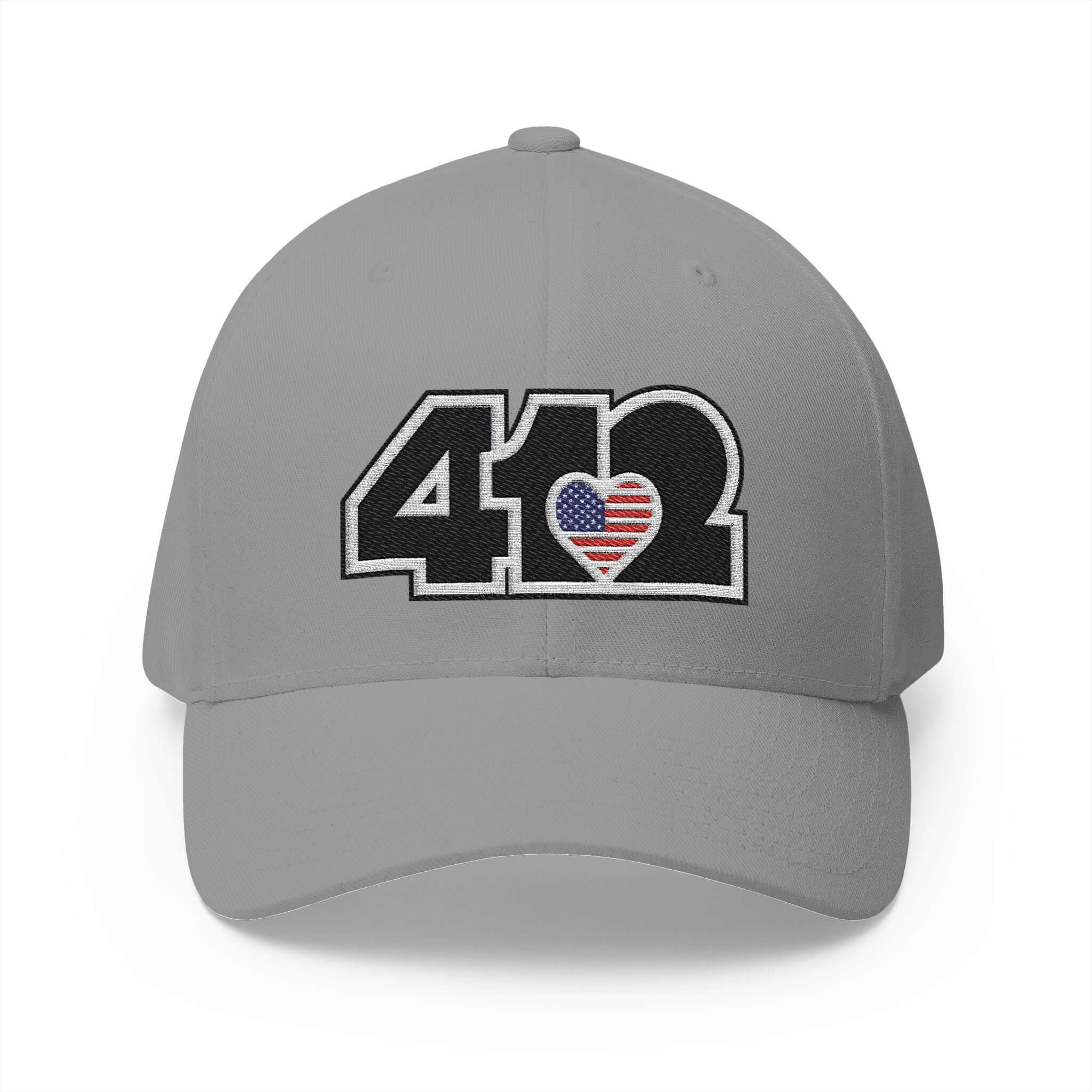 Stretch Fit Hat | Embroidered Black Stars and Stripes 412 Logo. Apparel Color: Grey. The sleek design, featuring a mid-profile silhouette, and a curved visor.
