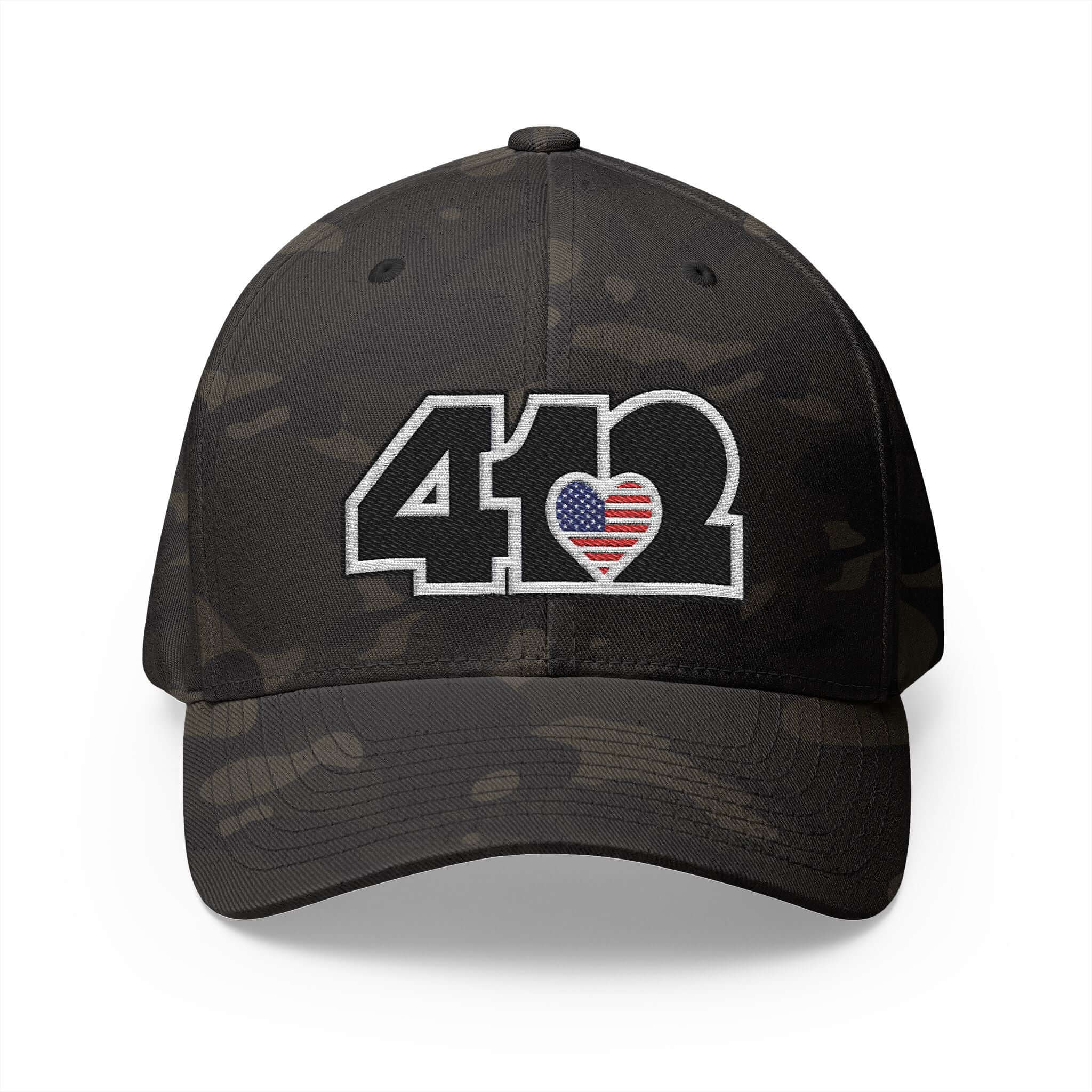 Stretch Fit Hat | Embroidered Black Stars and Stripes 412 Logo. Apparel Color: Multicam Black. The sleek design, featuring a mid-profile silhouette, and a curved visor.