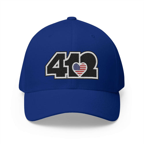 Stretch Fit Hat | Embroidered Black Stars and Stripes 412 Logo. Apparel Color: Royal Blue. The sleek design, featuring a mid-profile silhouette, and a curved visor.