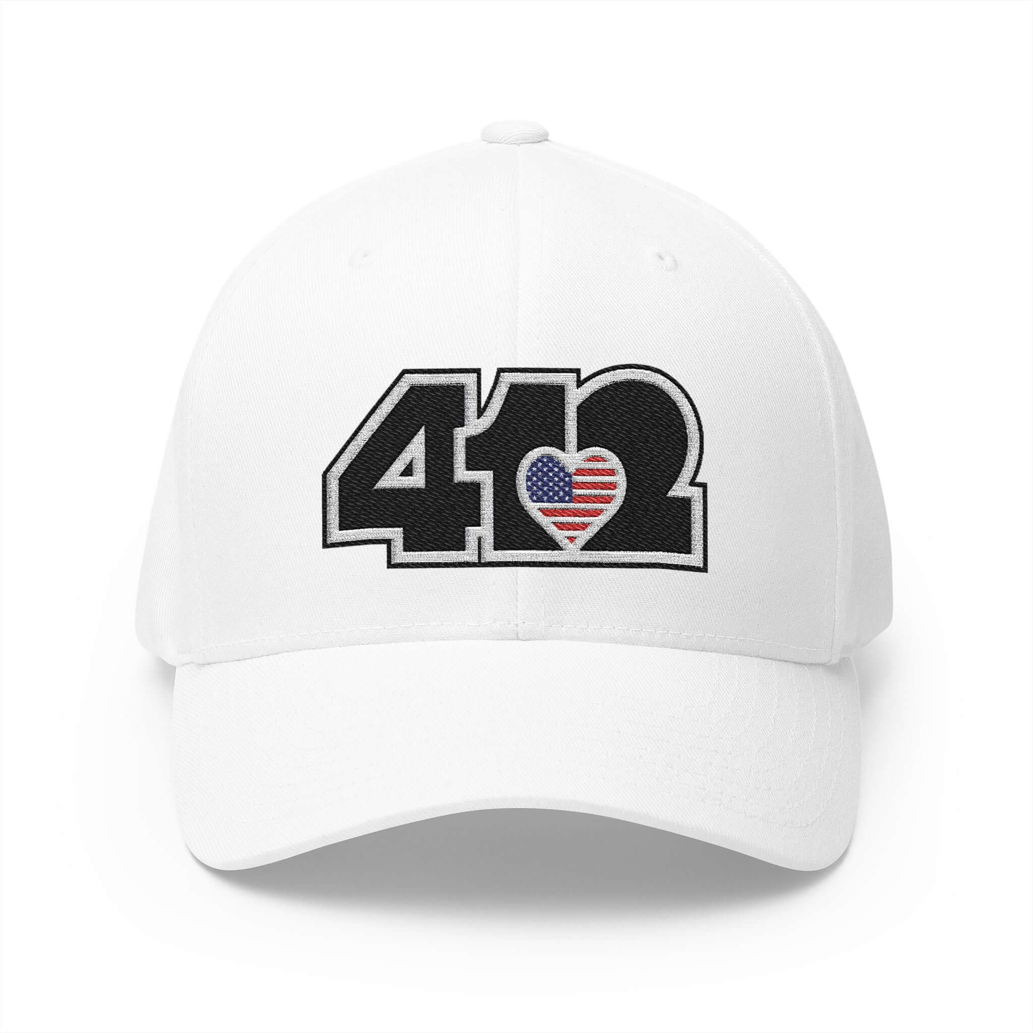 Stretch Fit Hat | Embroidered Black Stars and Stripes 412 Logo. Apparel Color: White. The sleek design, featuring a mid-profile silhouette, and a curved visor.