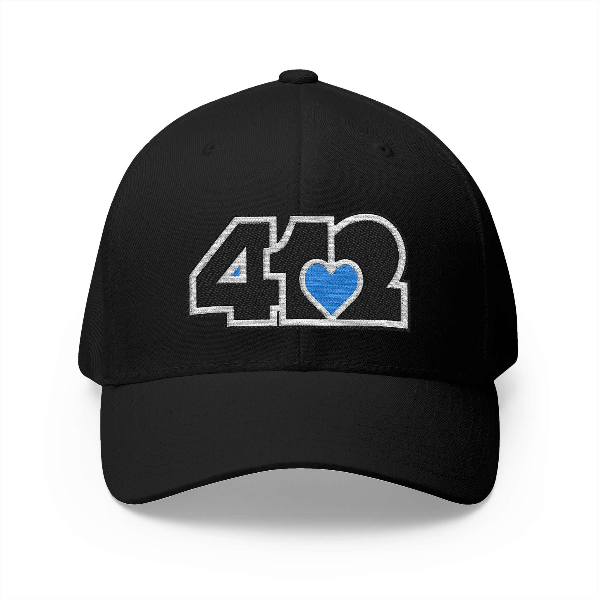Stretch Fit Hat | Embroidered Black and Blue 412 Logo. Apparel Color: Black. The sleek design, featuring a mid-profile silhouette, and a curved visor.