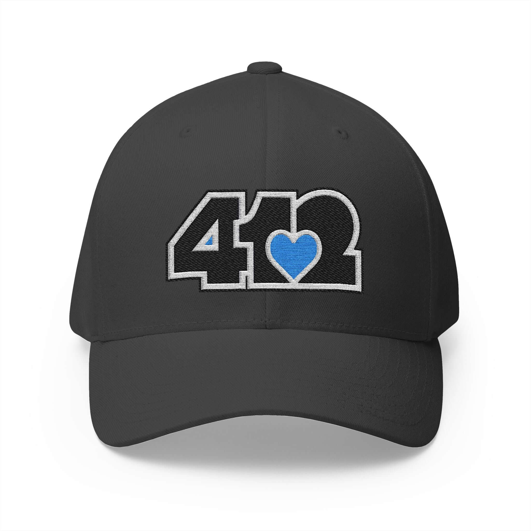 Stretch Fit Hat | Embroidered Black and Blue 412 Logo. Apparel Color: Dark Grey. The sleek design, featuring a mid-profile silhouette, and a curved visor.