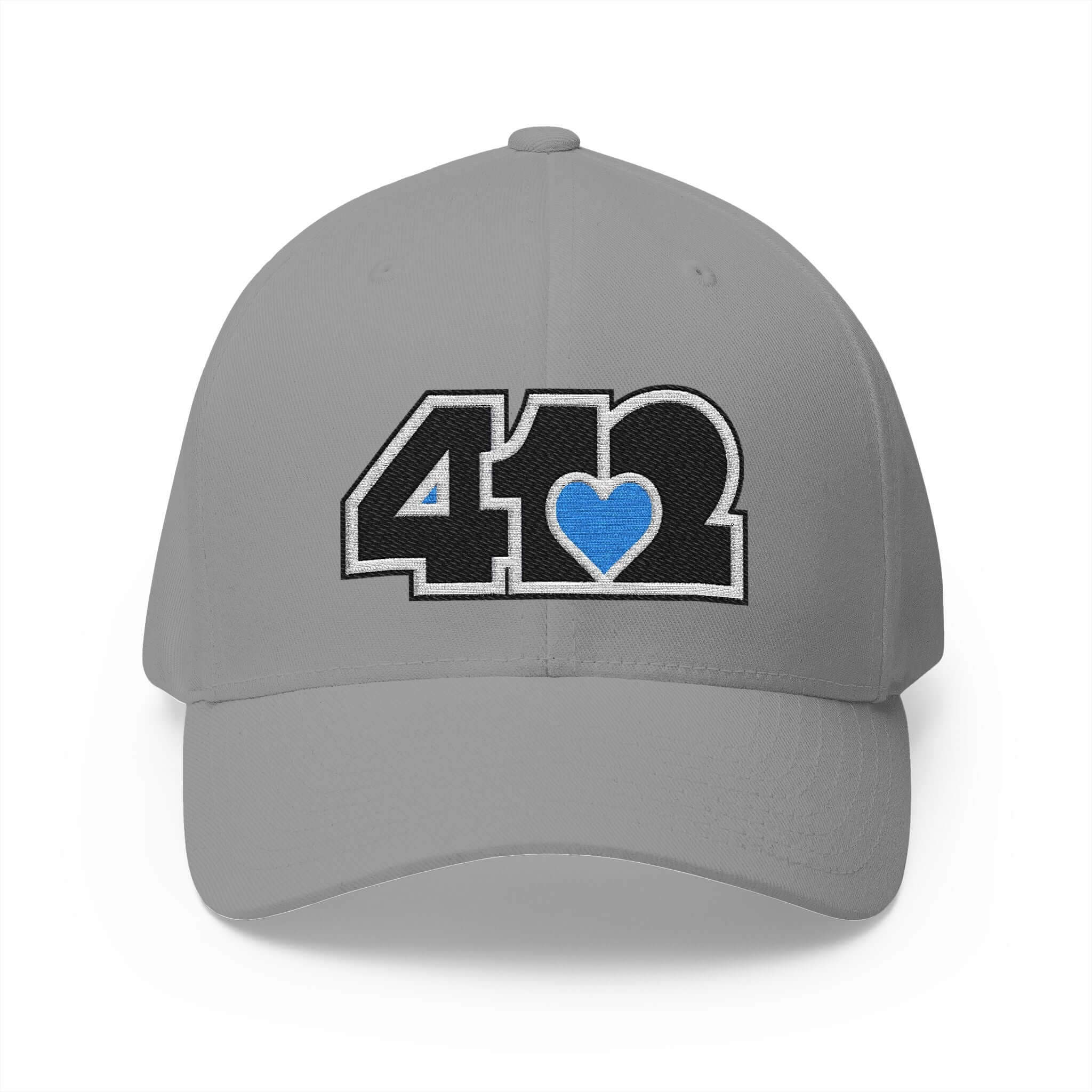 Stretch Fit Hat | Embroidered Black and Blue 412 Logo. Apparel Color: Grey. The sleek design, featuring a mid-profile silhouette, and a curved visor.