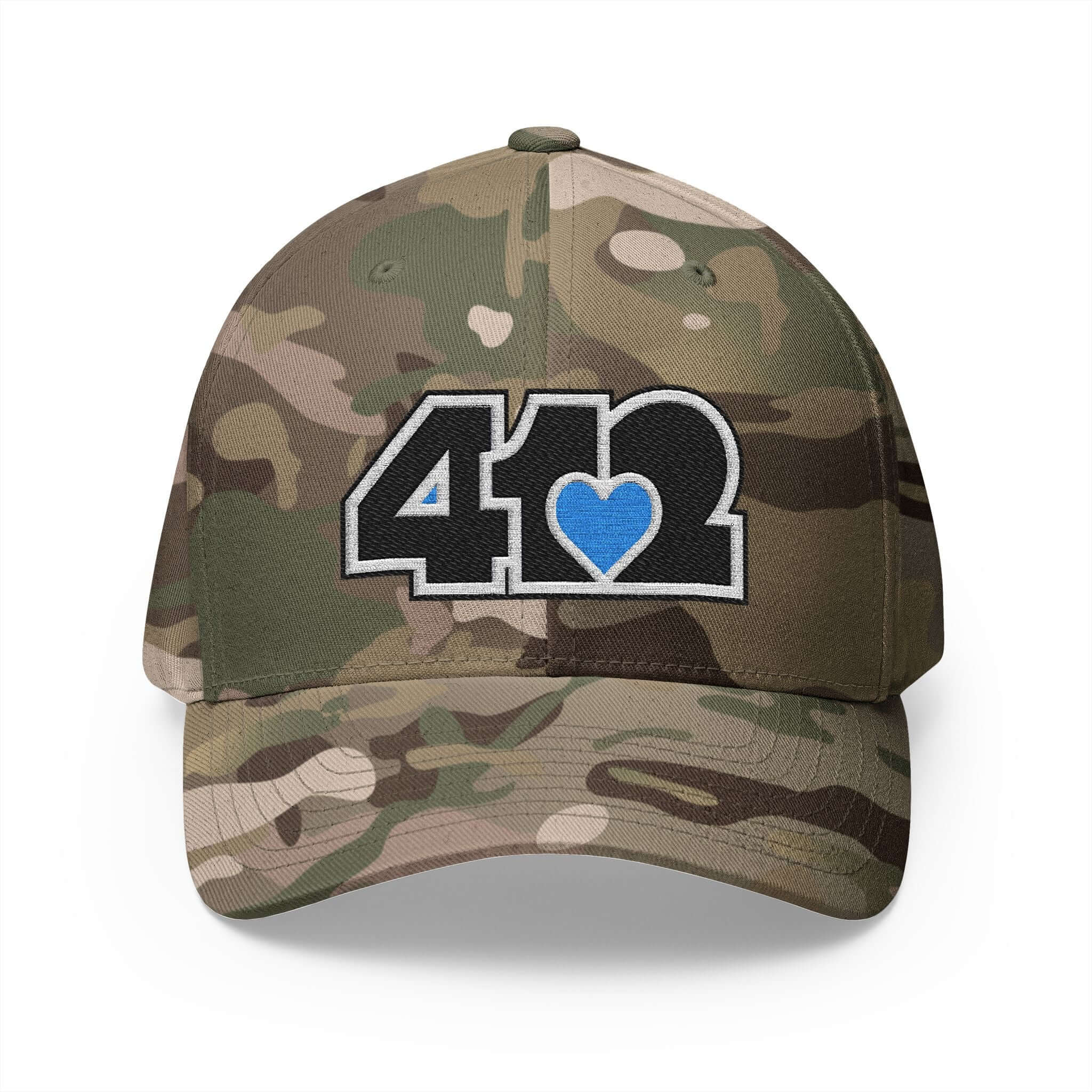 Stretch Fit Hat | Embroidered Black and Blue 412 Logo. Apparel Color: Multicam Green. The sleek design, featuring a mid-profile silhouette, and a curved visor.