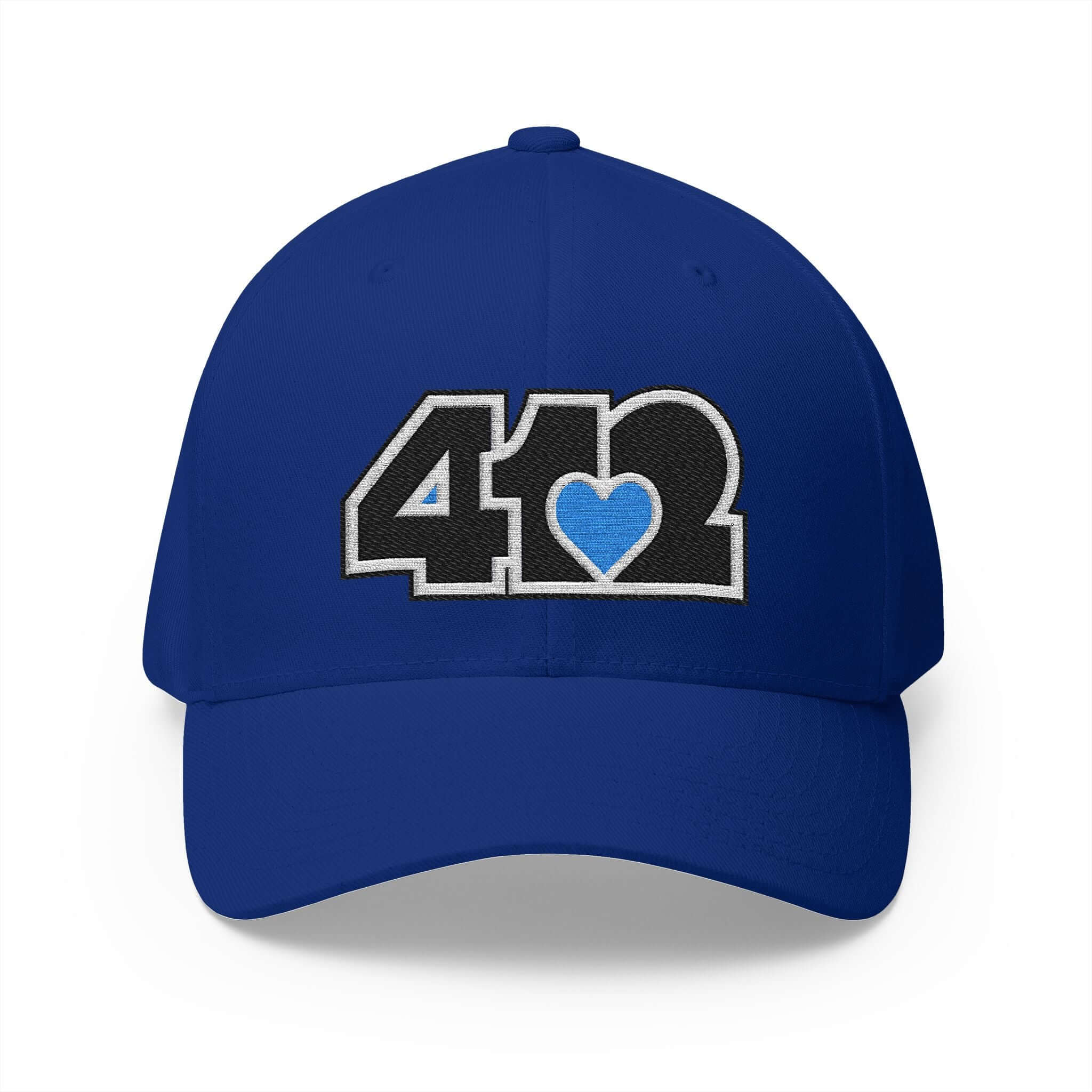 Stretch Fit Hat | Embroidered Black and Blue 412 Logo. Apparel Color: Royal Blue. The sleek design, featuring a mid-profile silhouette, and a curved visor.