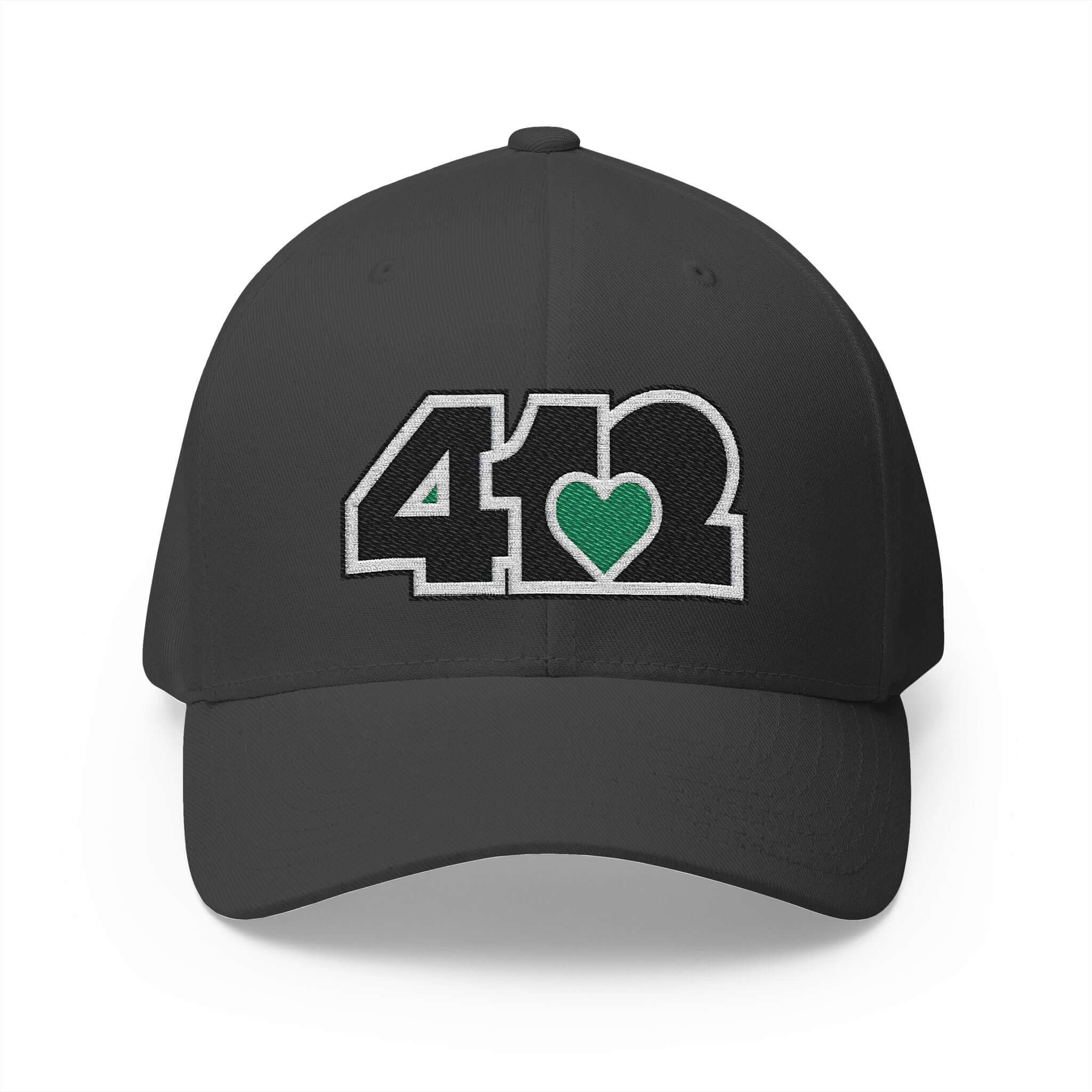 Stretch Fit Hat | Embroidered Black and Green 412 Logo. Apparel Color: Dark Grey. The sleek design, featuring a mid-profile silhouette, and a curved visor.