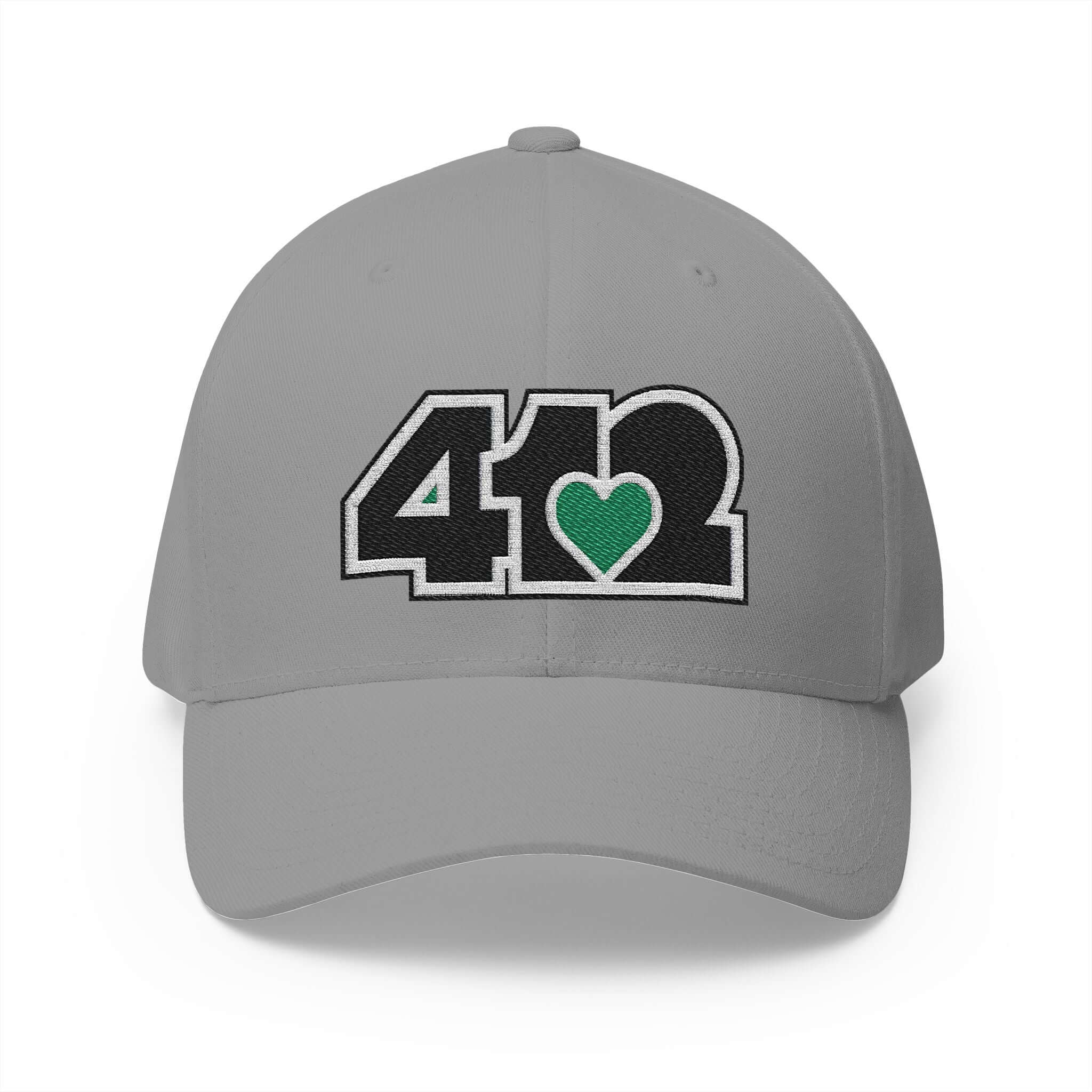 Stretch Fit Hat | Embroidered Black and Green 412 Logo. Apparel Color: Grey. The sleek design, featuring a mid-profile silhouette, and a curved visor.