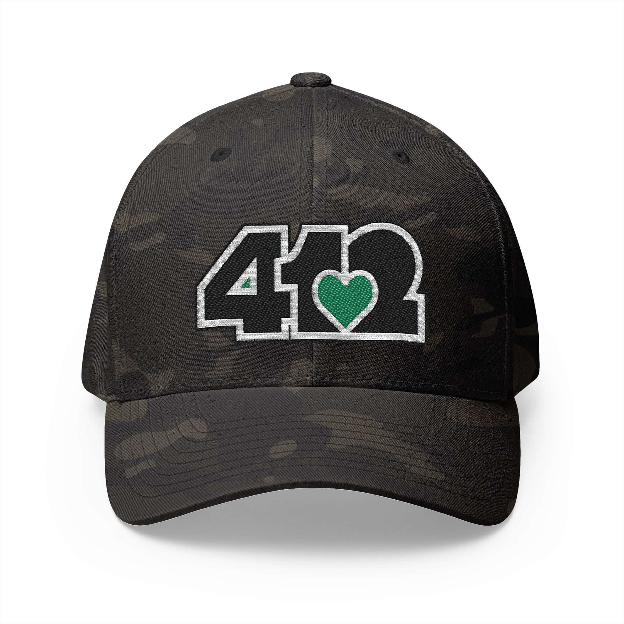 Stretch Fit Hat | Embroidered Black and Green 412 Logo. Apparel Color: Multicam Black. The sleek design, featuring a mid-profile silhouette, and a curved visor.