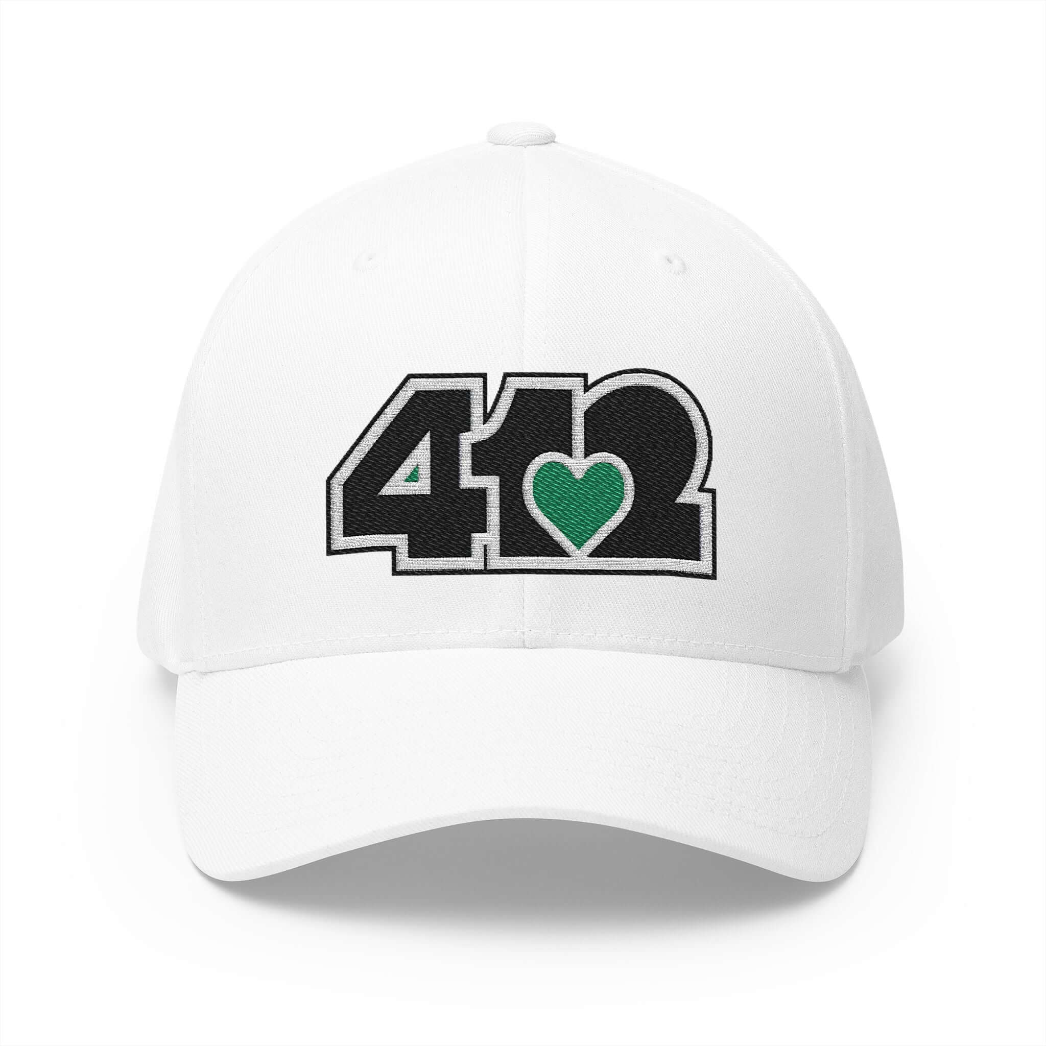 Stretch Fit Hat | Embroidered Black and Green 412 Logo. Apparel Color: White. The sleek design, featuring a mid-profile silhouette, and a curved visor.