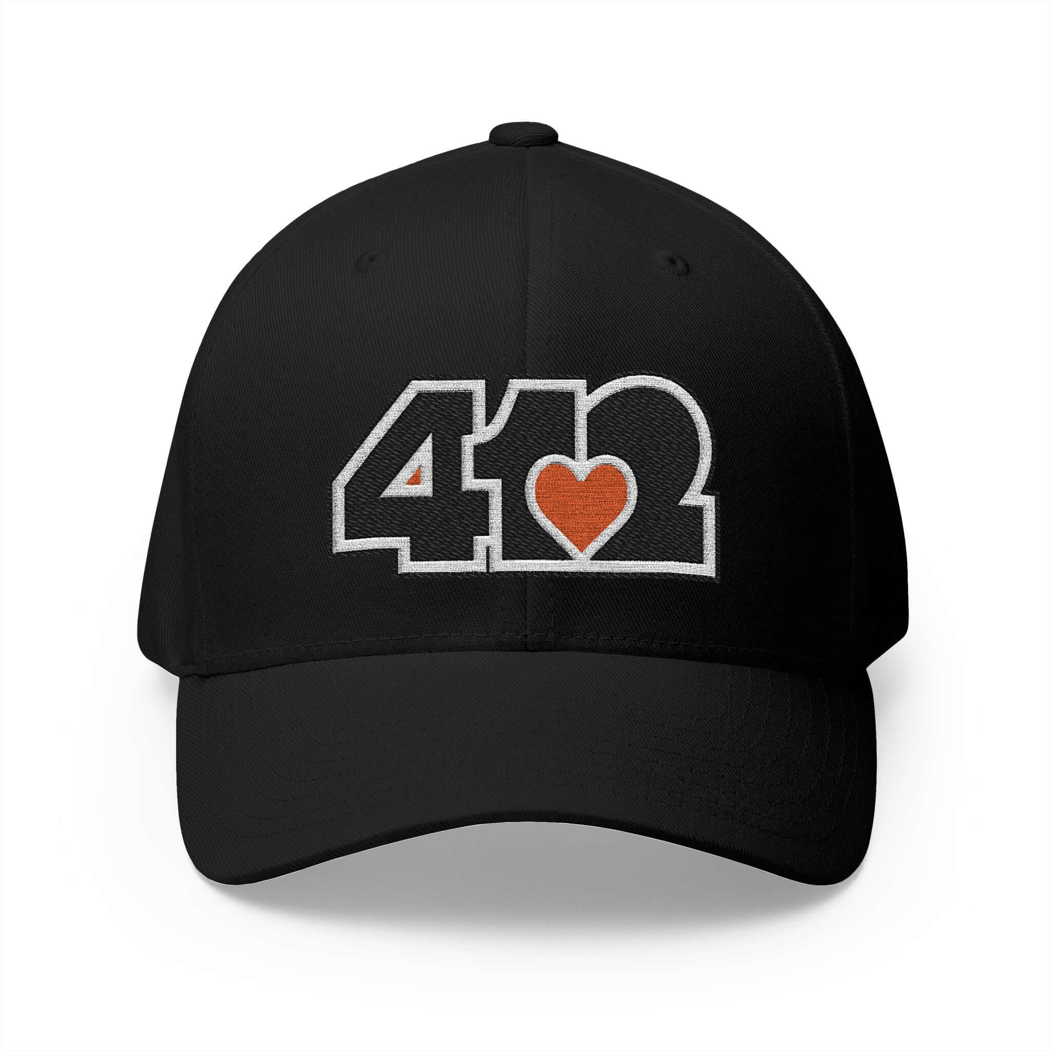 Stretch Fit Hat | Embroidered Black and Orange 412 Logo. Apparel Color: Black. The sleek design, featuring a mid-profile silhouette, and a curved visor.