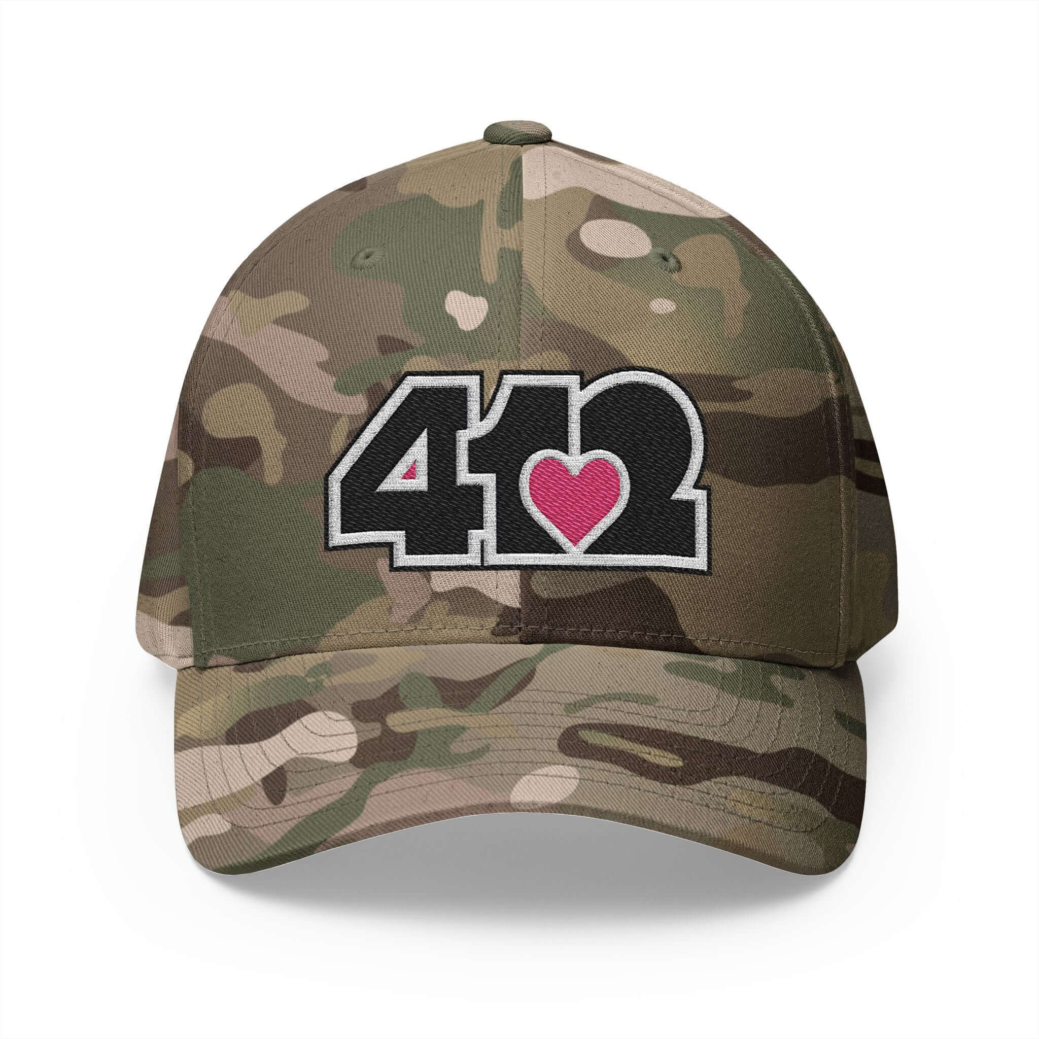 Stretch Fit Hat | Embroidered Black and Pink 412 Logo. Apparel Color: Multicam Green. The sleek design, featuring a mid-profile silhouette, and a curved visor.