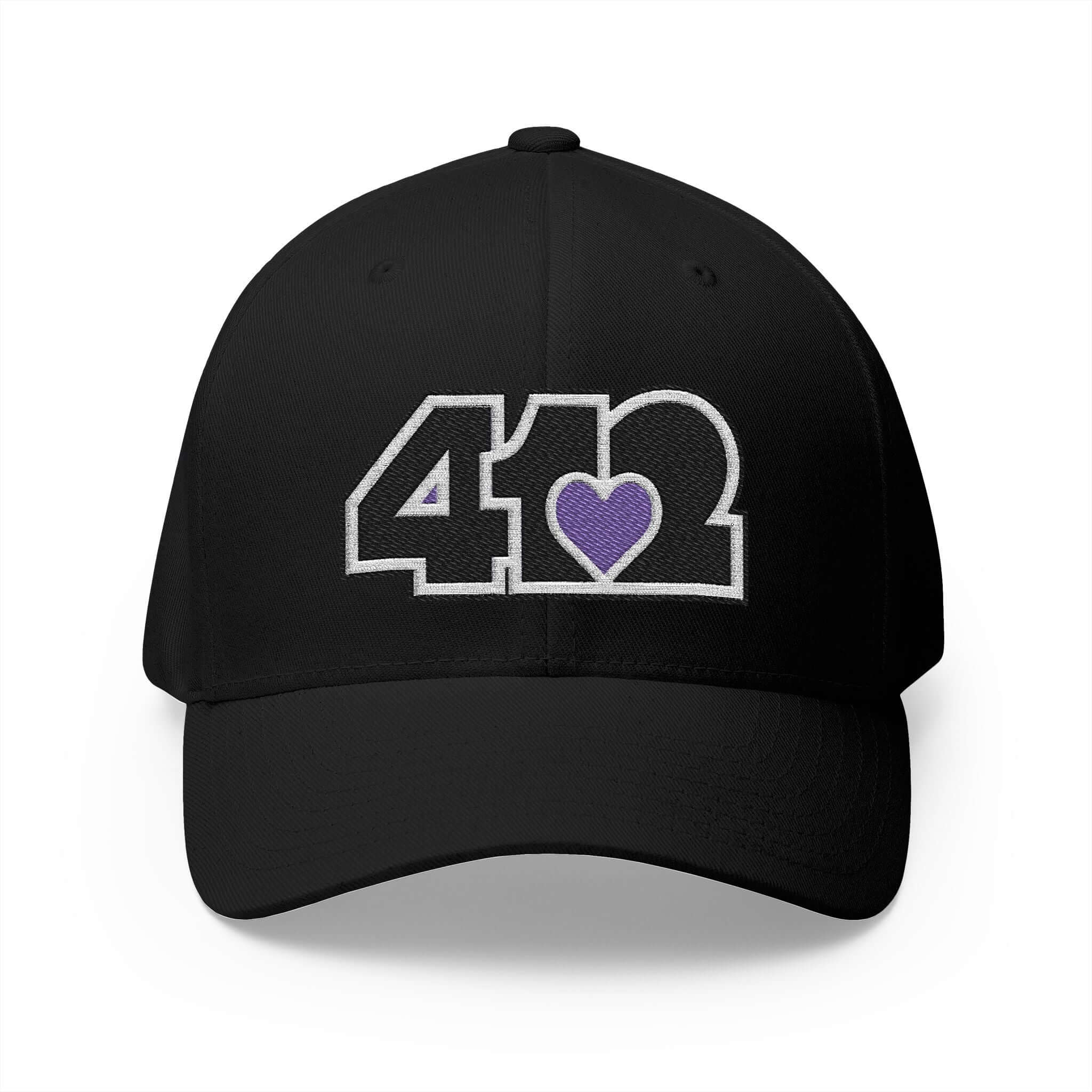 Stretch Fit Hat | Embroidered Black and Purple 412 Logo. Apparel Color: Black. The sleek design, featuring a mid-profile silhouette, and a curved visor.