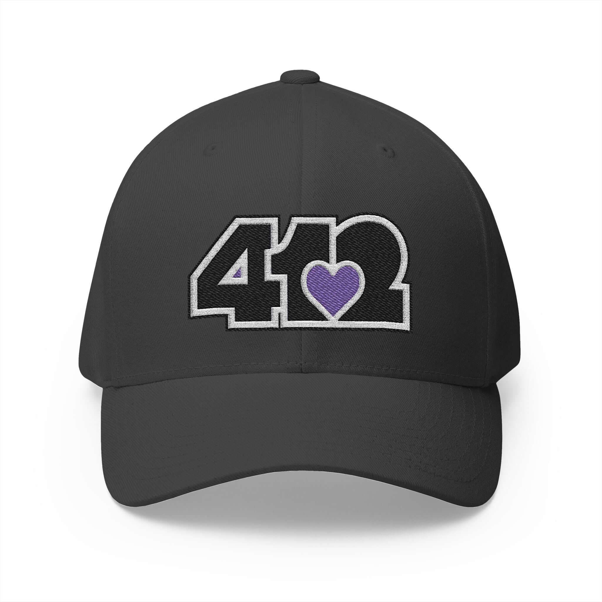 Stretch Fit Hat | Embroidered Black and Purple 412 Logo. Apparel Color: Dark Grey. The sleek design, featuring a mid-profile silhouette, and a curved visor.