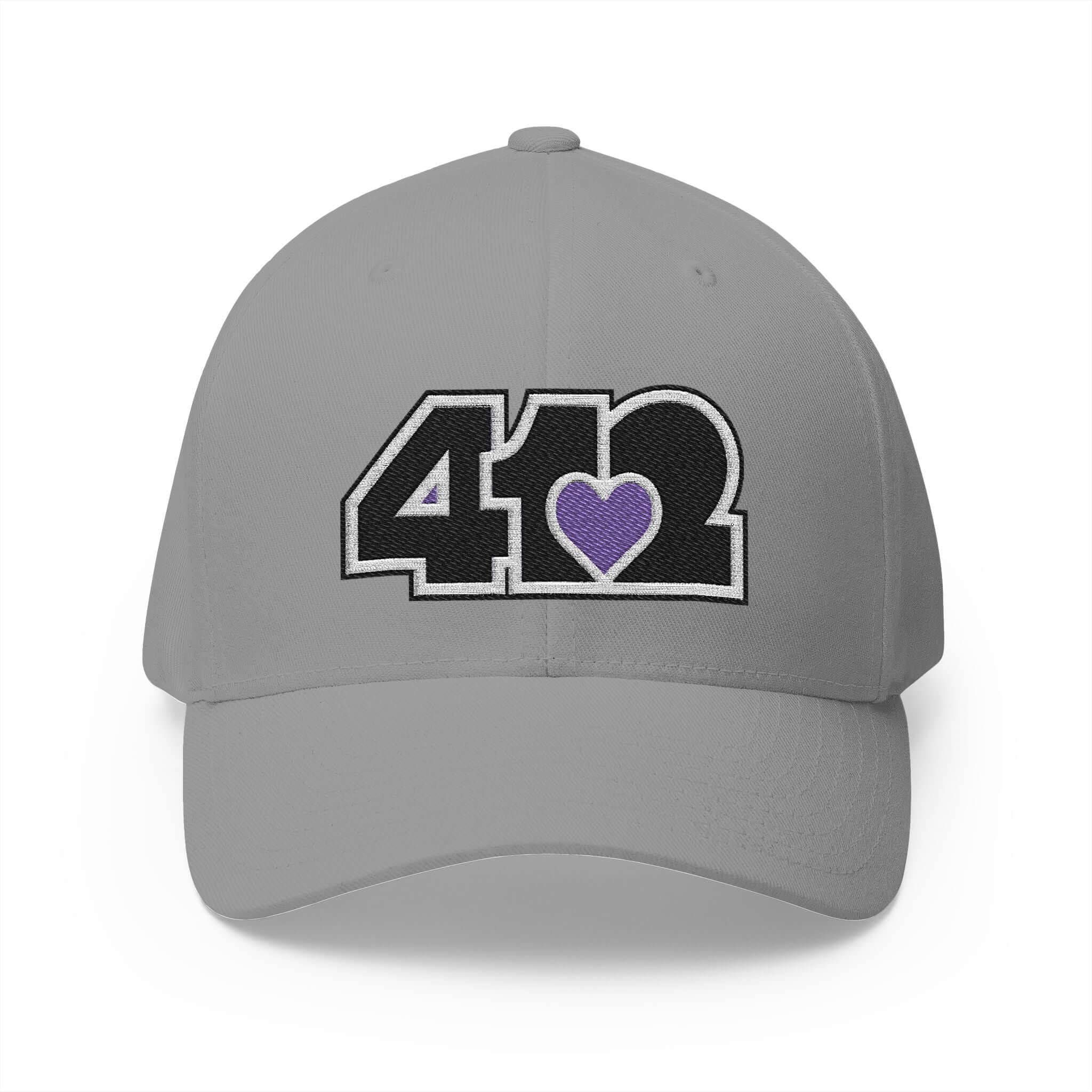 Stretch Fit Hat | Embroidered Black and Purple 412 Logo. Apparel Color: Grey. The sleek design, featuring a mid-profile silhouette, and a curved visor.