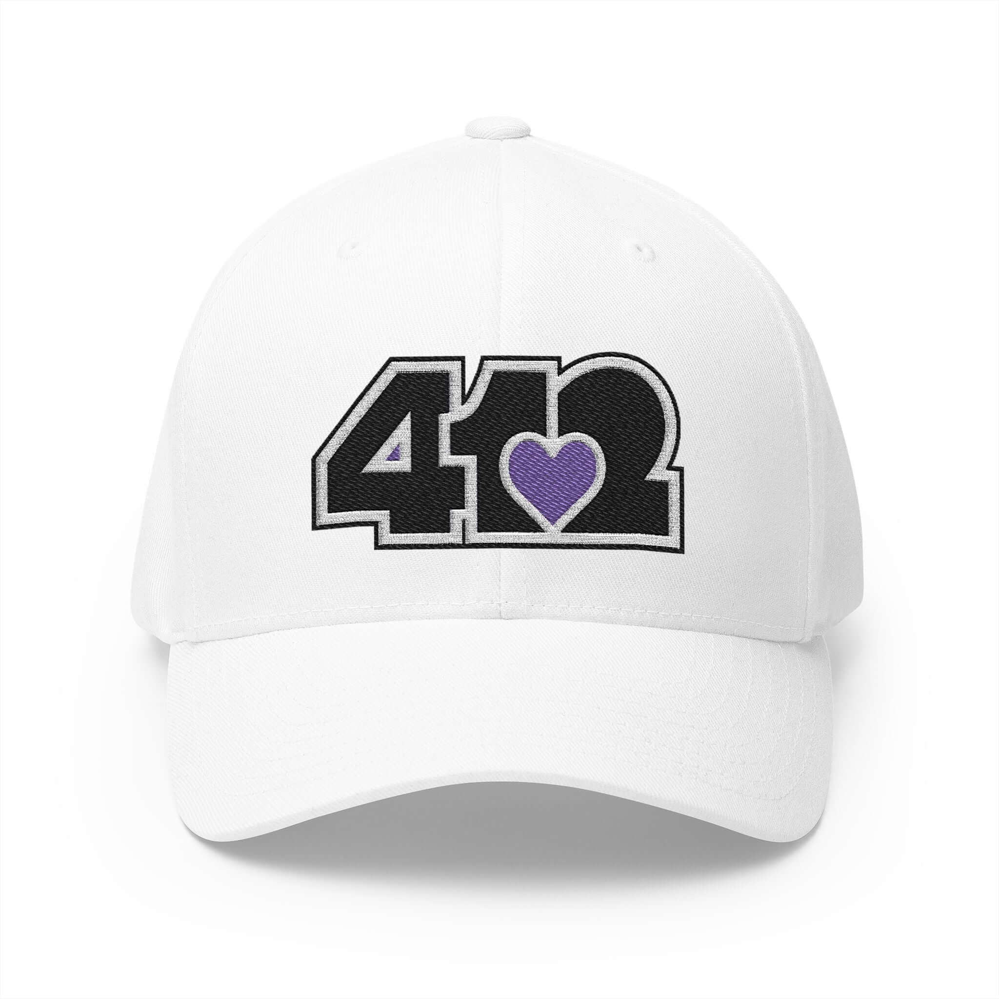 Stretch Fit Hat | Embroidered Black and Purple 412 Logo. Apparel Color: White. The sleek design, featuring a mid-profile silhouette, and a curved visor.