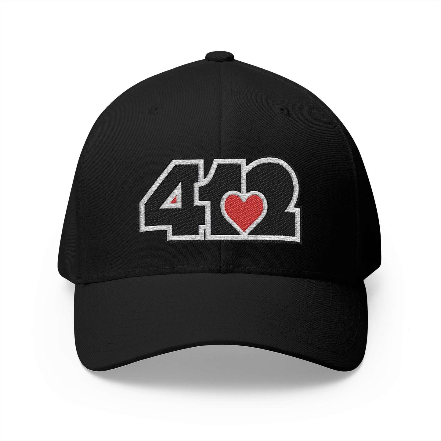 Stretch Fit Hat | Embroidered Black and Red 412 Logo. Apparel Color: Black. The sleek design, featuring a mid-profile silhouette, and a curved visor.