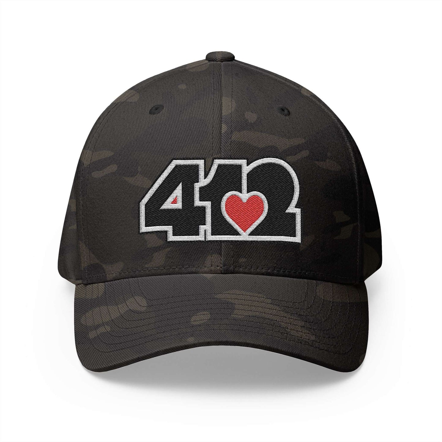 Stretch Fit Hat | Embroidered Black and Red 412 Logo. Apparel Color: Multicam Black. The sleek design, featuring a mid-profile silhouette, and a curved visor.