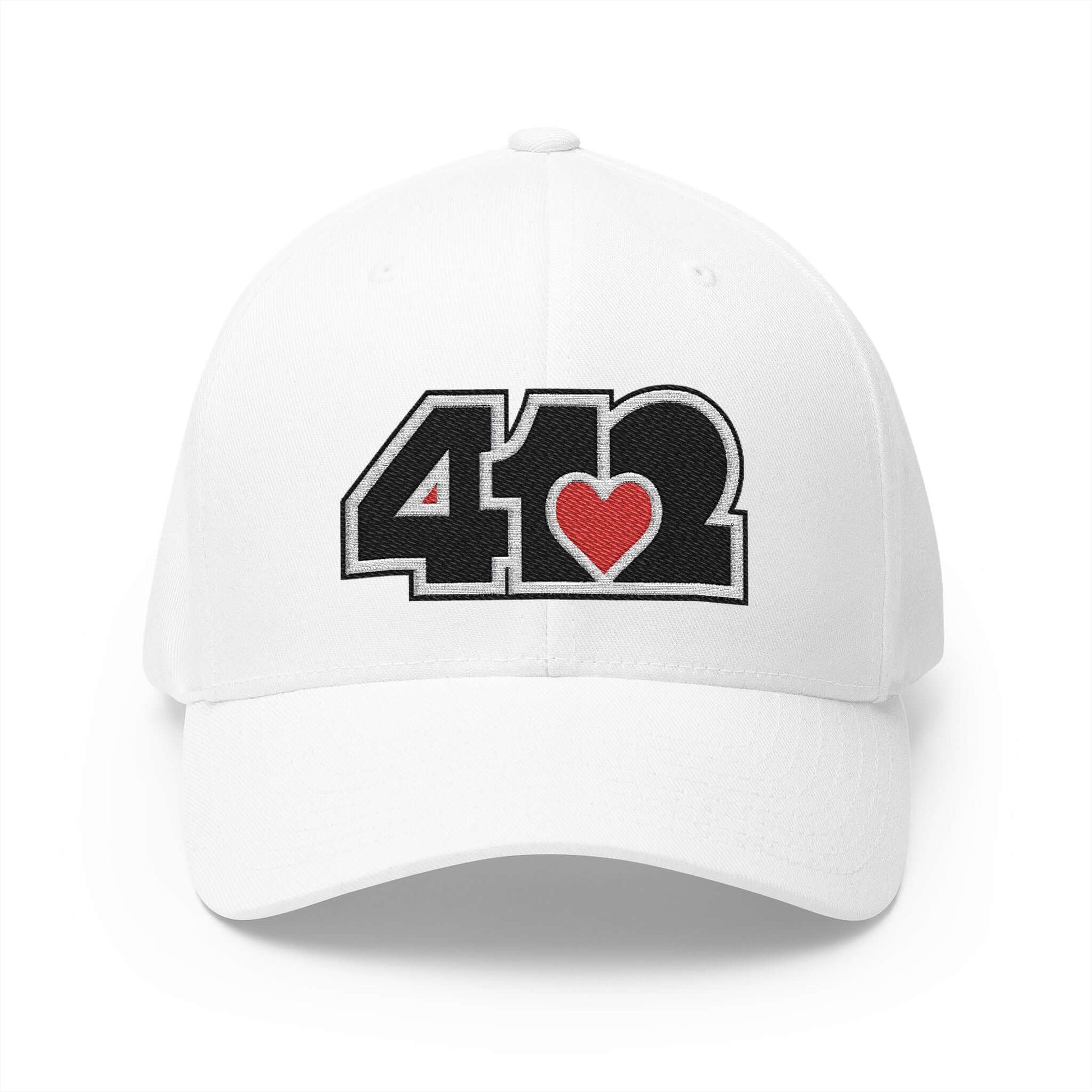 Stretch Fit Hat | Embroidered Black and Red 412 Logo. Apparel Color: White. The sleek design, featuring a mid-profile silhouette, and a curved visor.