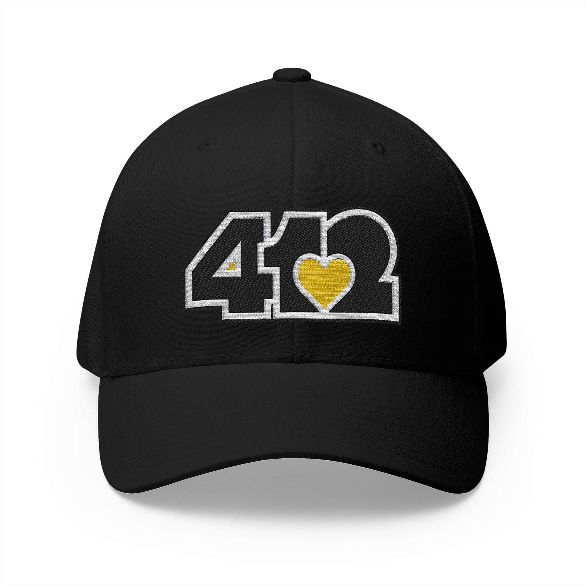 Stretch Fit Hat | Embroidered Black and Yellow 412 Logo. Apparel Color: Black. The sleek design, featuring a mid-profile silhouette, and a curved visor.