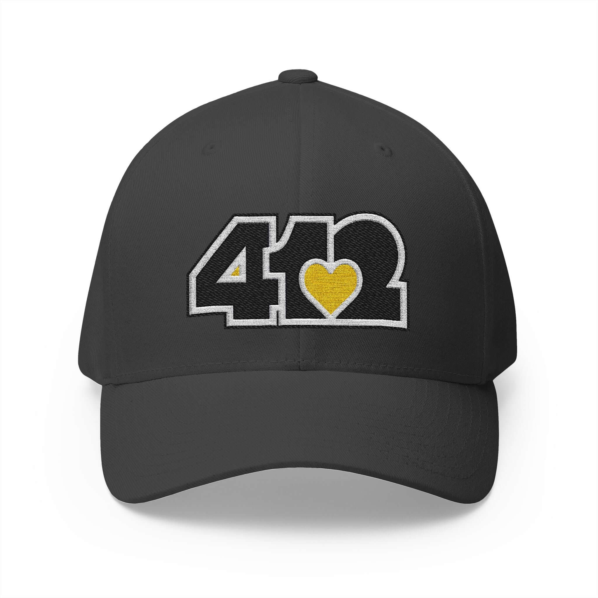 Stretch Fit Hat | Embroidered Black and Yellow 412 Logo. Apparel Color: Dark Grey. The sleek design, featuring a mid-profile silhouette, and a curved visor.