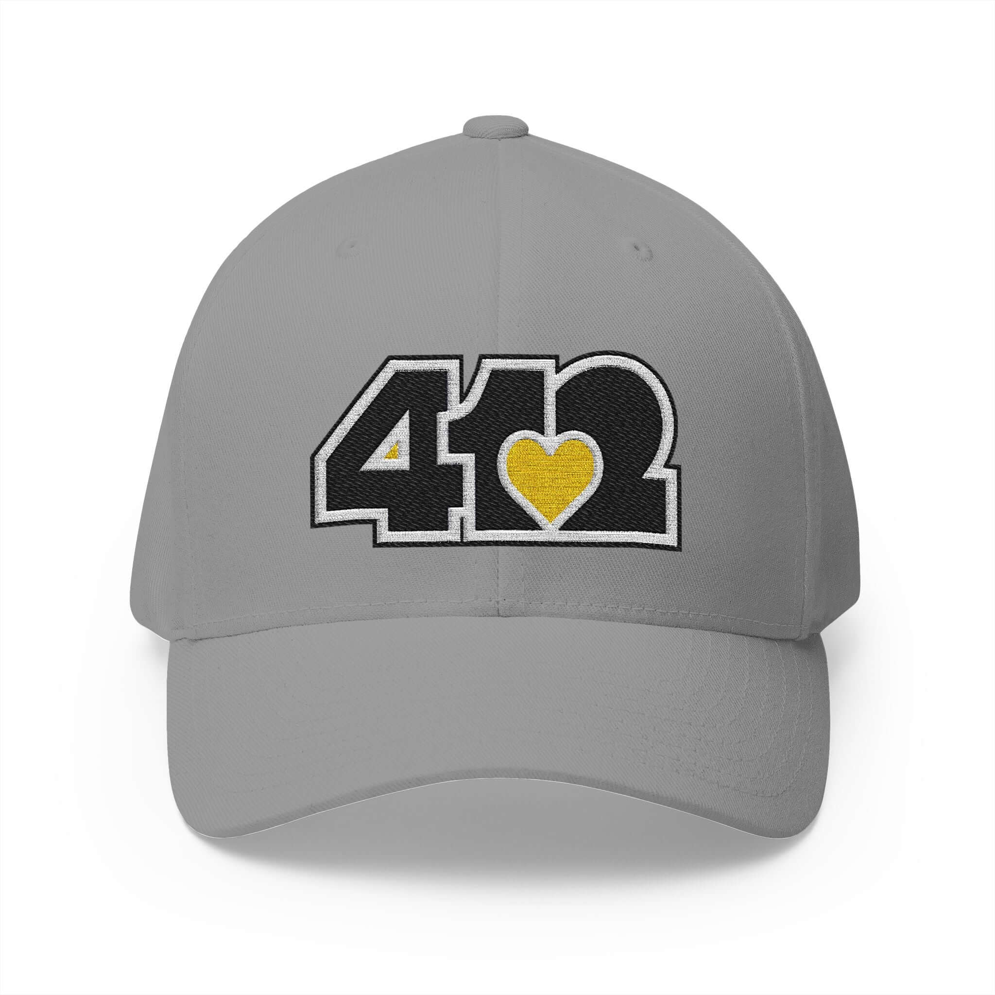 Stretch Fit Hat | Embroidered Black and Yellow 412 Logo. Apparel Color: Grey. The sleek design, featuring a mid-profile silhouette, and a curved visor.