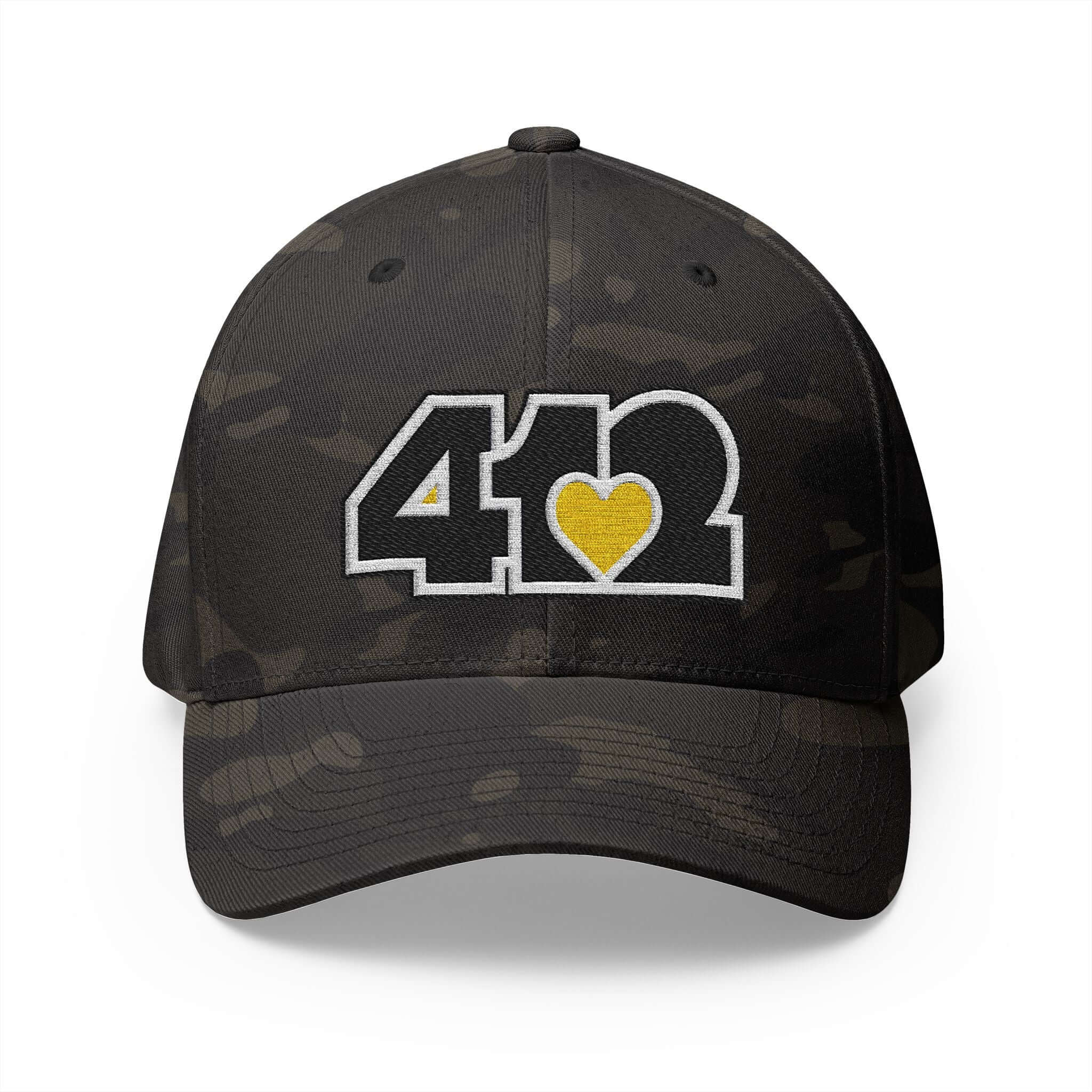 Stretch Fit Hat | Embroidered Black and Yellow 412 Logo. Apparel Color: Multicam Black. The sleek design, featuring a mid-profile silhouette, and a curved visor.