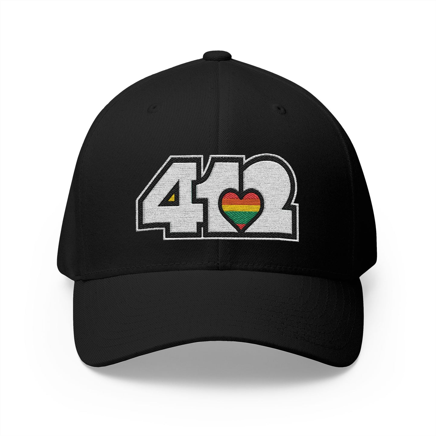 Stretch Fit Hat | Embroidered White Rainbow 412 Logo. Apparel Color: Black. The sleek design, featuring a mid-profile silhouette, and a curved visor.