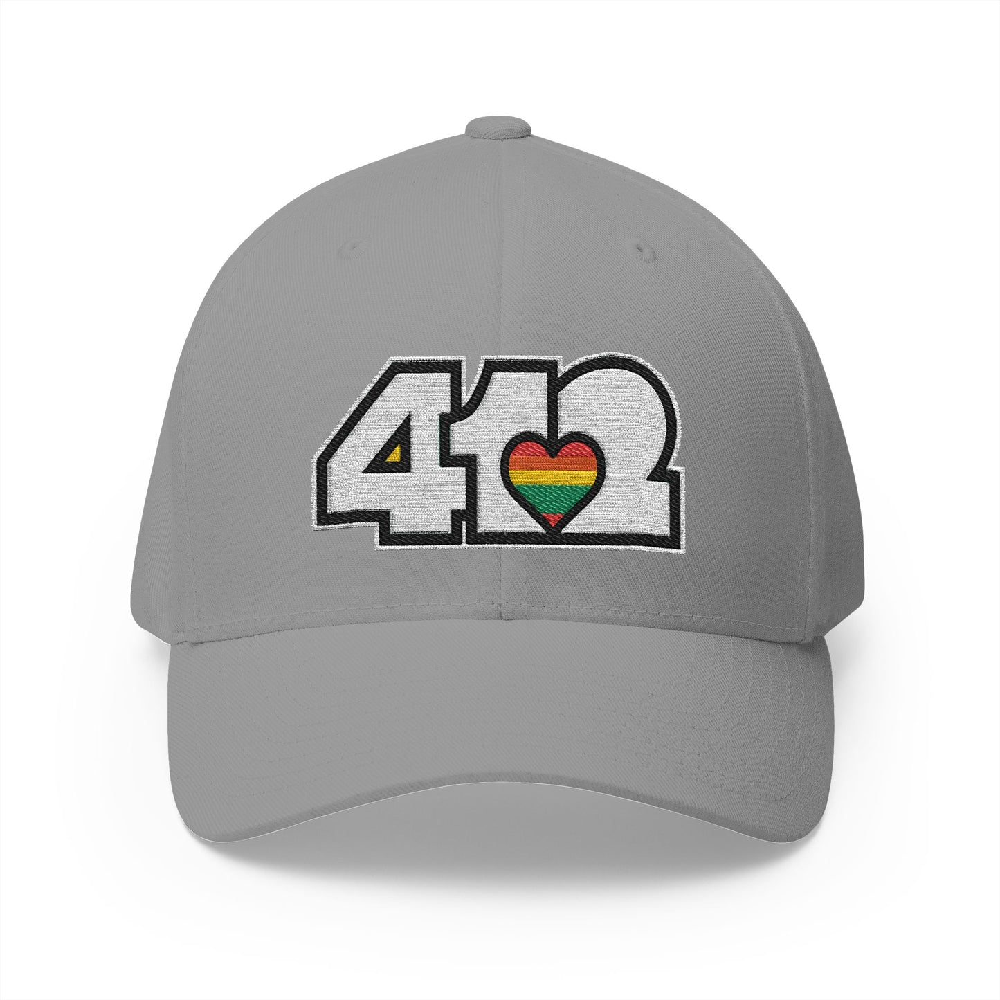 Stretch Fit Hat | Embroidered White Rainbow 412 Logo. Apparel Color: Grey. The sleek design, featuring a mid-profile silhouette, and a curved visor.