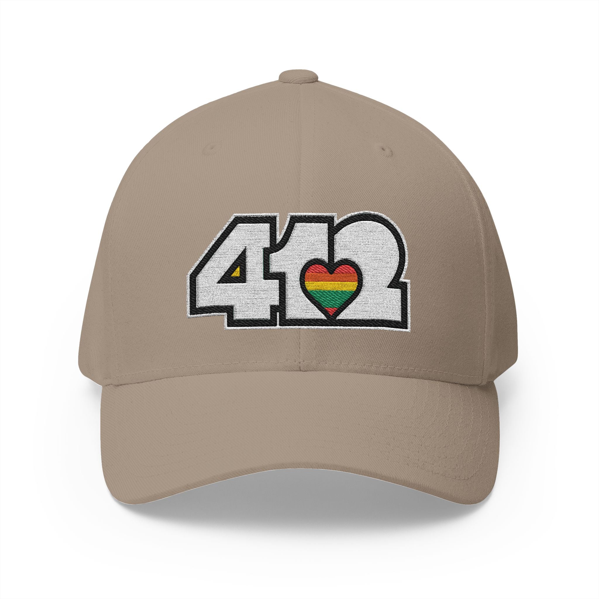 Stretch Fit Hat | Embroidered White Rainbow 412 Logo. Apparel Color: Khaki. The sleek design, featuring a mid-profile silhouette, and a curved visor.