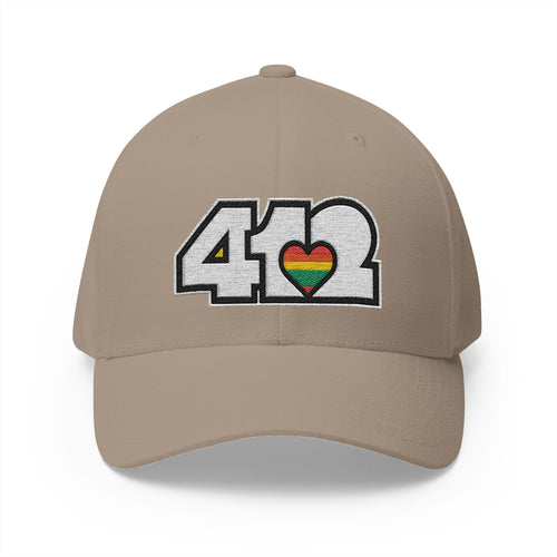 Stretch Fit Hat | Embroidered White Rainbow 412 Logo. Apparel Color: Khaki. The sleek design, featuring a mid-profile silhouette, and a curved visor.