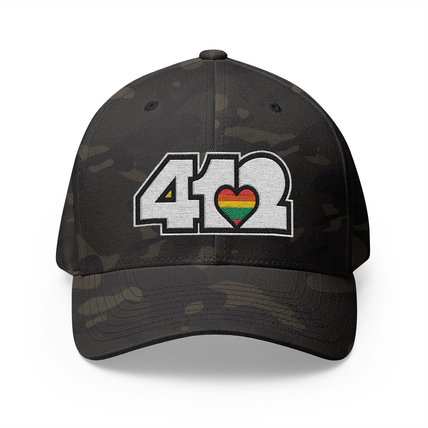 Stretch Fit Hat | Embroidered White Rainbow 412 Logo. Apparel Color: Multicam Black. The sleek design, featuring a mid-profile silhouette, and a curved visor.
