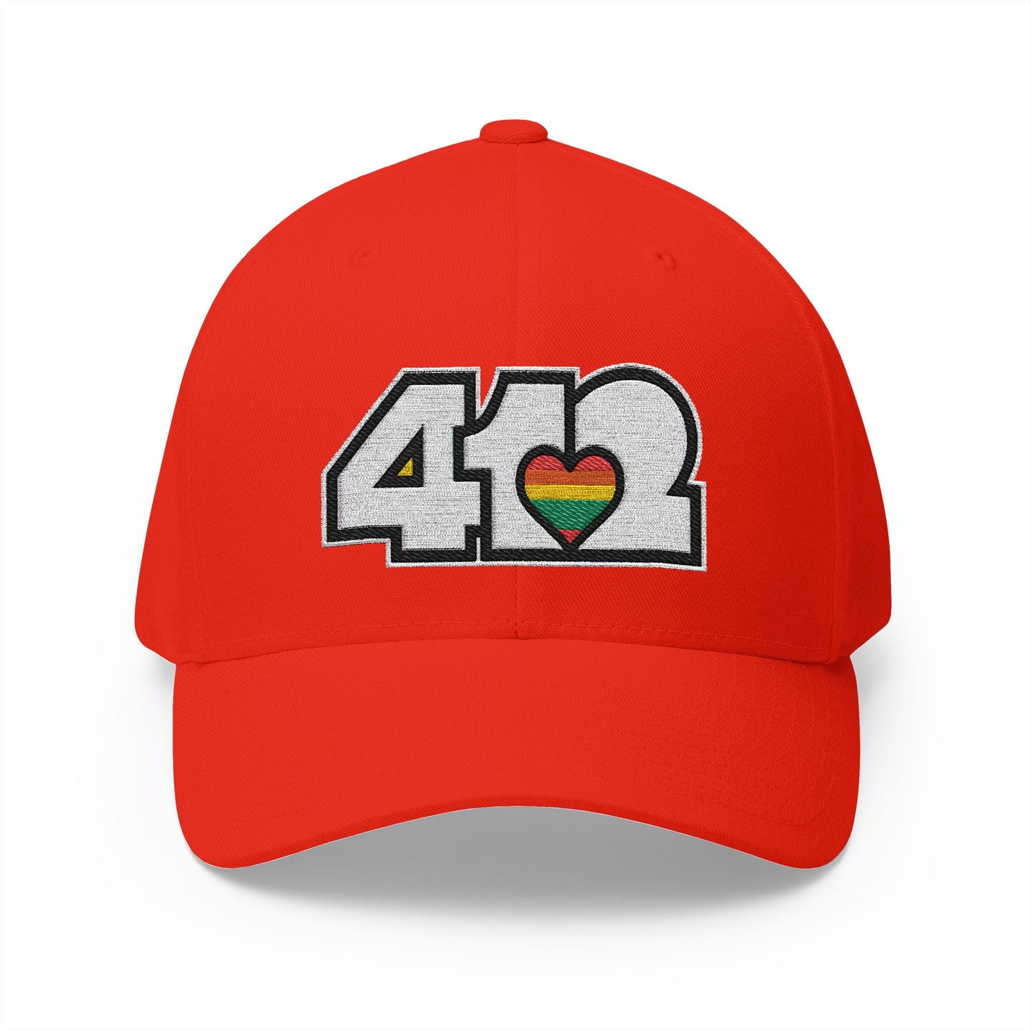 Stretch Fit Hat | Embroidered White Rainbow 412 Logo. Apparel Color: Red. The sleek design, featuring a mid-profile silhouette, and a curved visor.