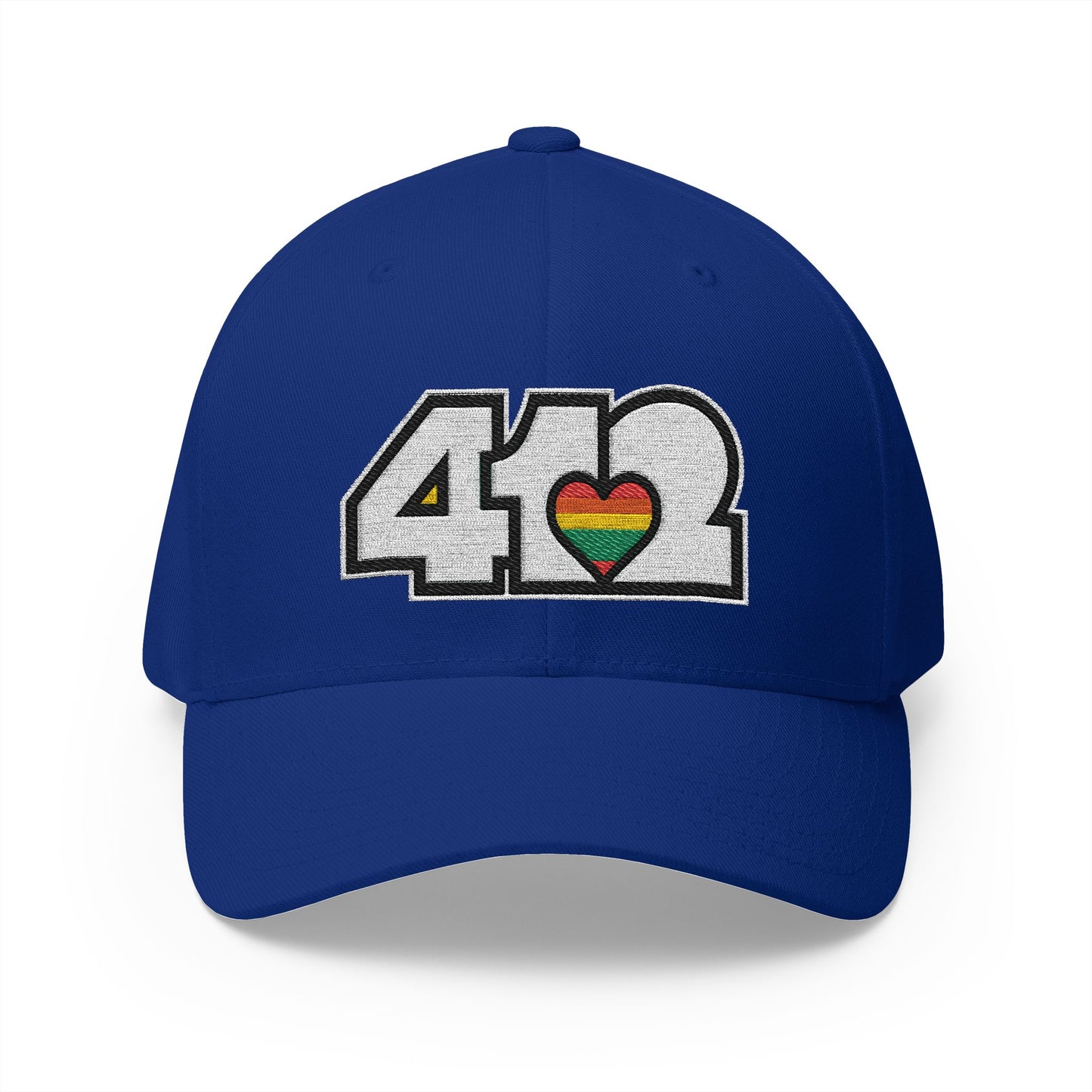 Stretch Fit Hat | Embroidered White Rainbow 412 Logo. Apparel Color: Royal Blue. The sleek design, featuring a mid-profile silhouette, and a curved visor.