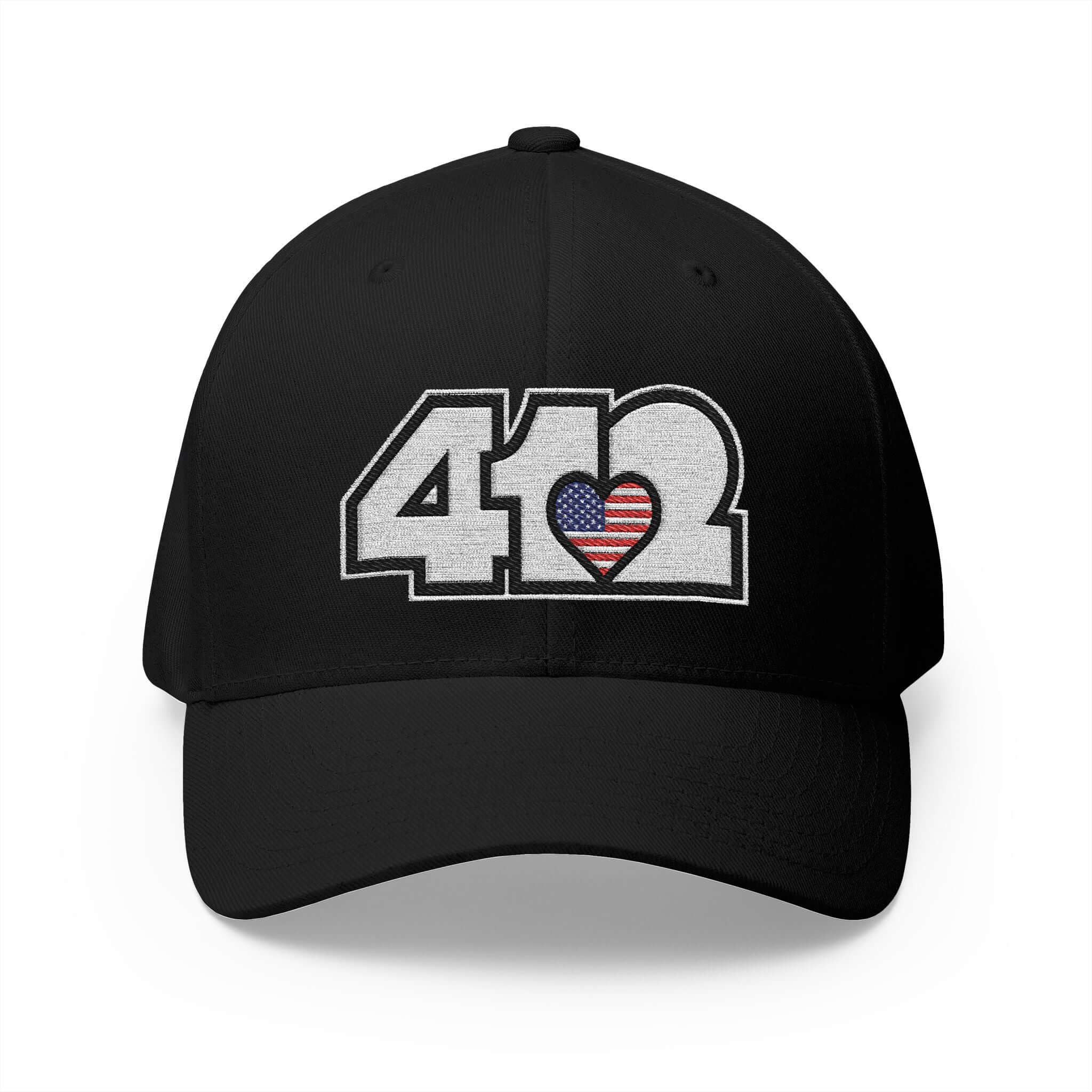 Stretch Fit Hat | Embroidered White Stars and Stripes 412 Logo. Apparel Color: Black. The sleek design, featuring a mid-profile silhouette, and a curved visor.