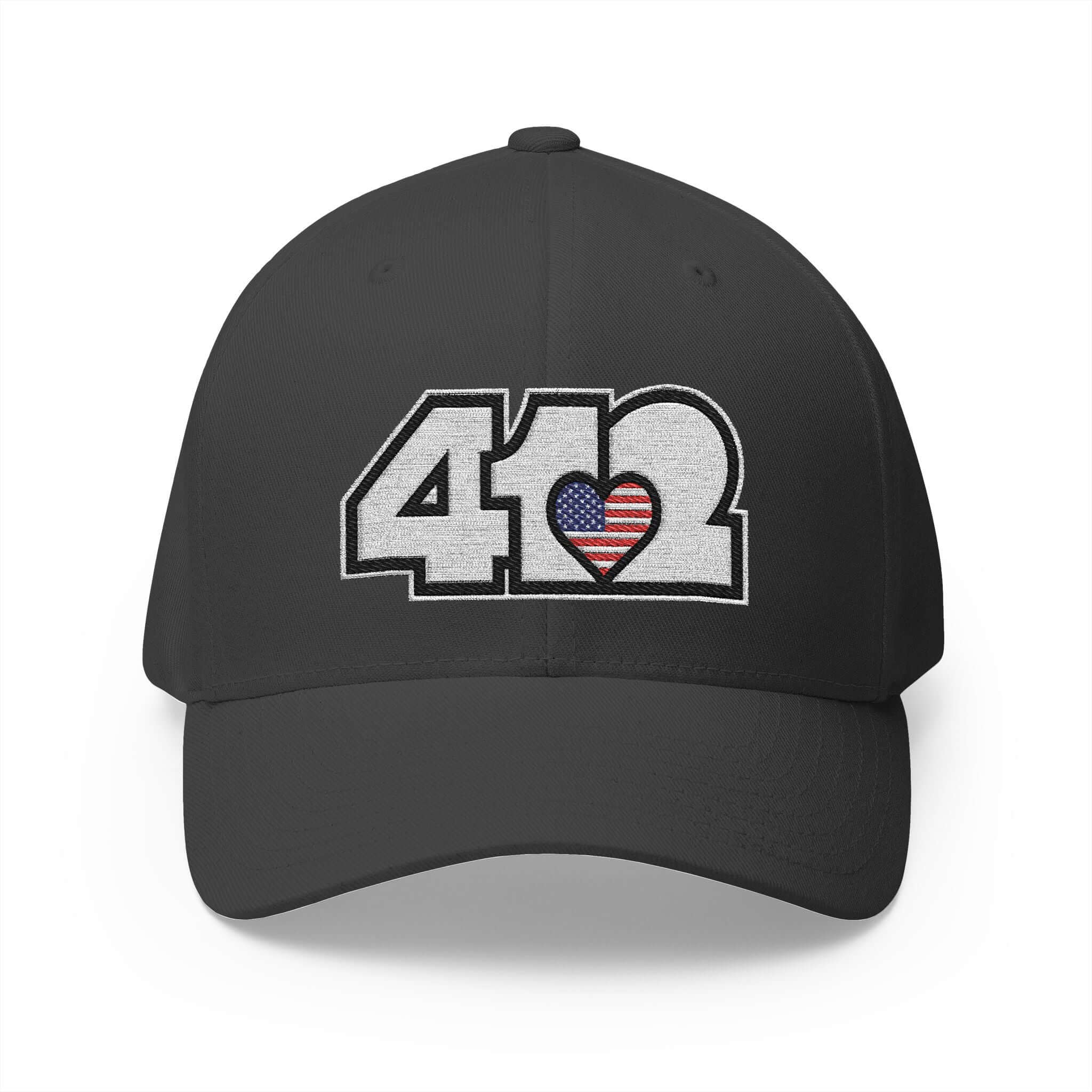 Stretch Fit Hat | Embroidered White Stars and Stripes 412 Logo. Apparel Color: Dark Grey. The sleek design, featuring a mid-profile silhouette, and a curved visor.