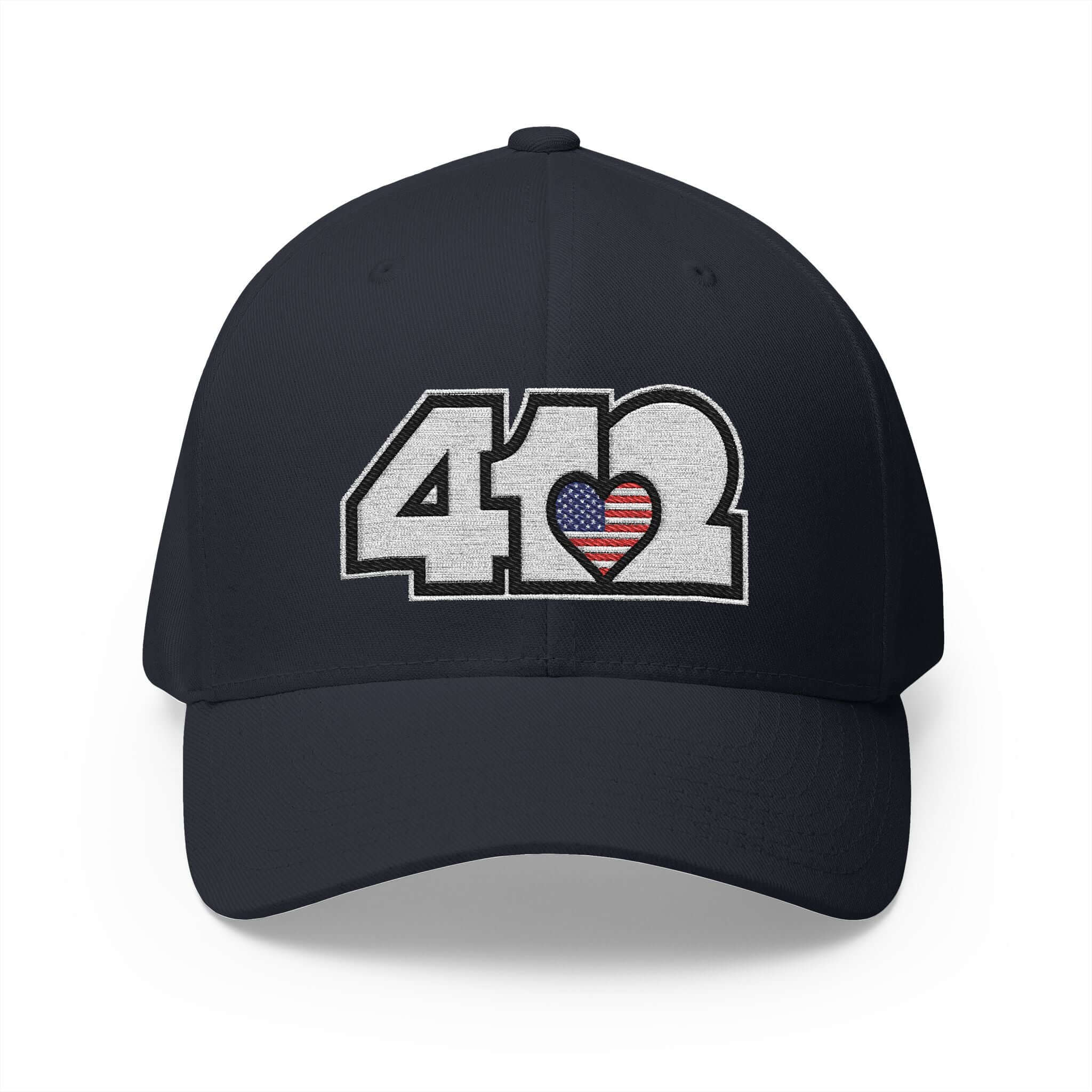 Stretch Fit Hat | Embroidered White Stars and Stripes 412 Logo. Apparel Color: Dark Navy. The sleek design, featuring a mid-profile silhouette, and a curved visor.