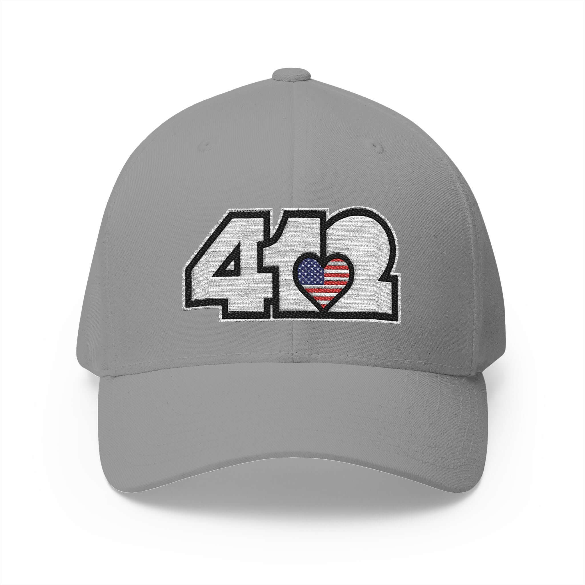 Stretch Fit Hat | Embroidered White Stars and Stripes 412 Logo. Apparel Color: Grey. The sleek design, featuring a mid-profile silhouette, and a curved visor.