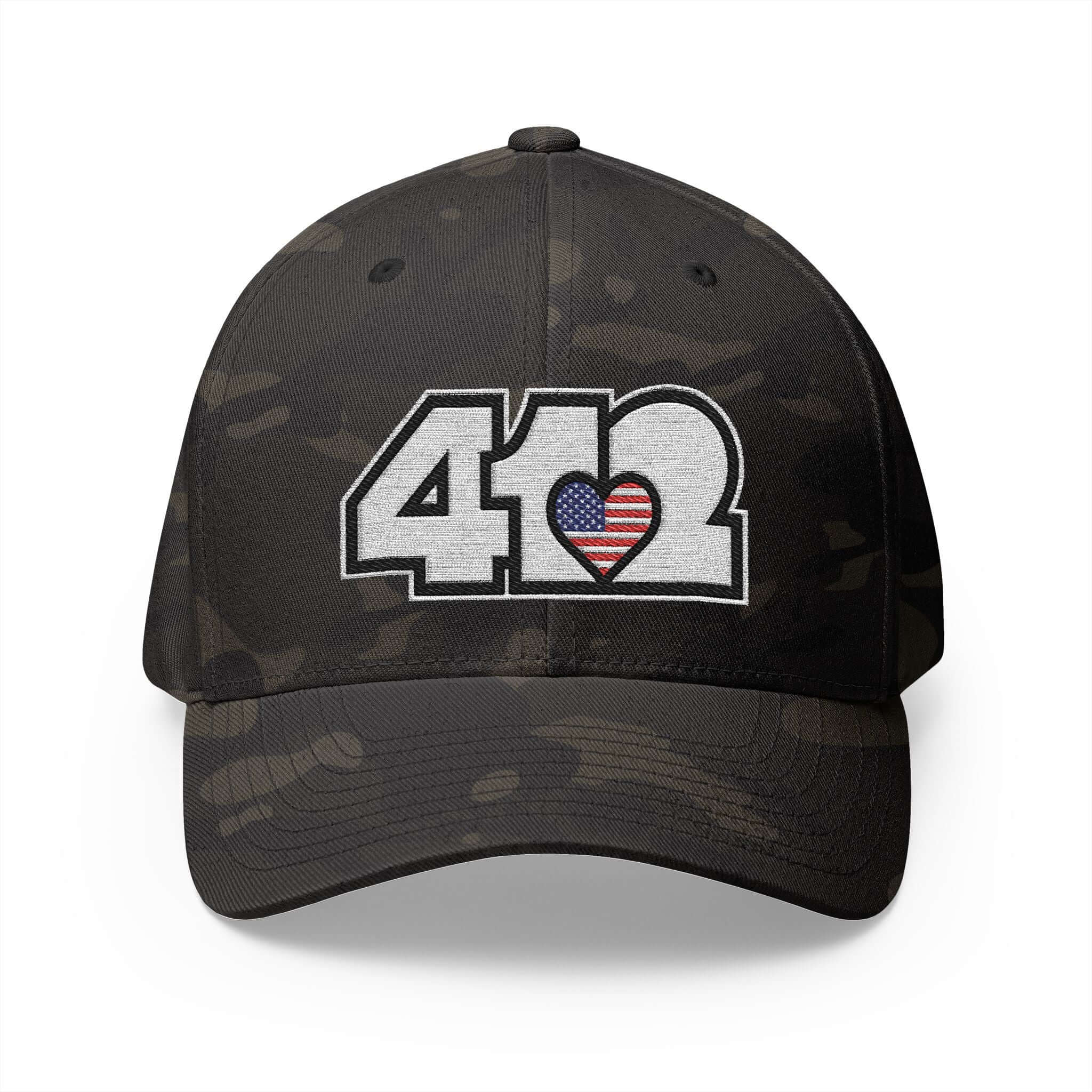 Stretch Fit Hat | Embroidered White Stars and Stripes 412 Logo. Apparel Color: Multicam Black. The sleek design, featuring a mid-profile silhouette, and a curved visor.