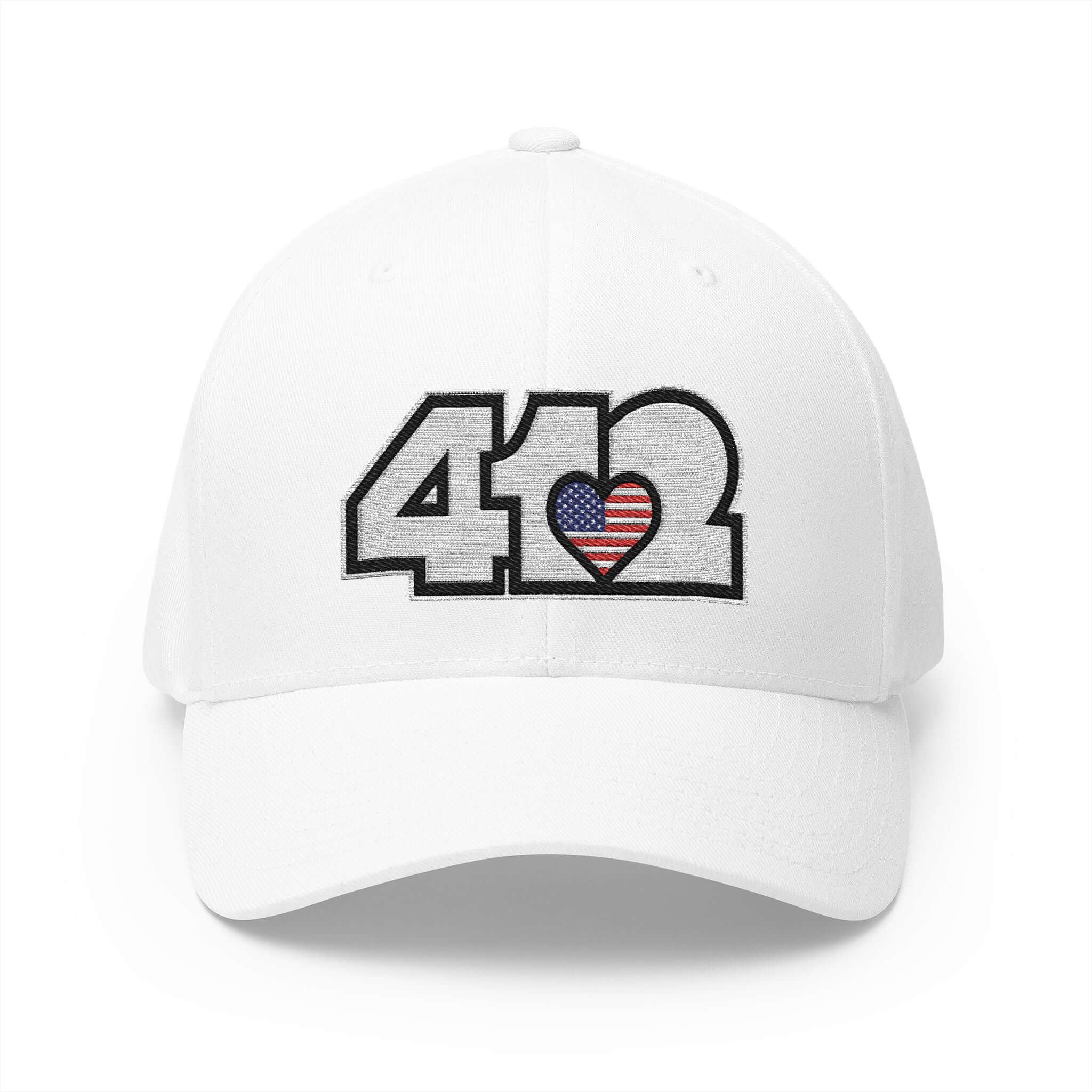 Stretch Fit Hat | Embroidered White Stars and Stripes 412 Logo. Apparel Color: White. The sleek design, featuring a mid-profile silhouette, and a curved visor.