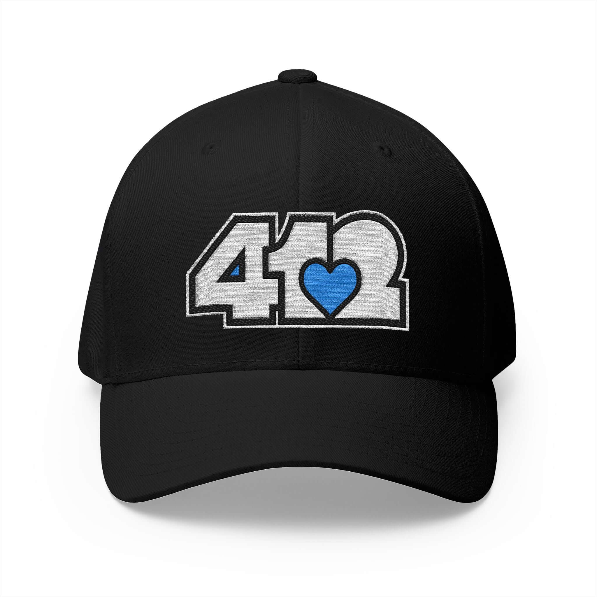 Stretch Fit Hat | Embroidered White and Blue 412 Logo. Apparel Color: Black. The sleek design, featuring a mid-profile silhouette, and a curved visor.