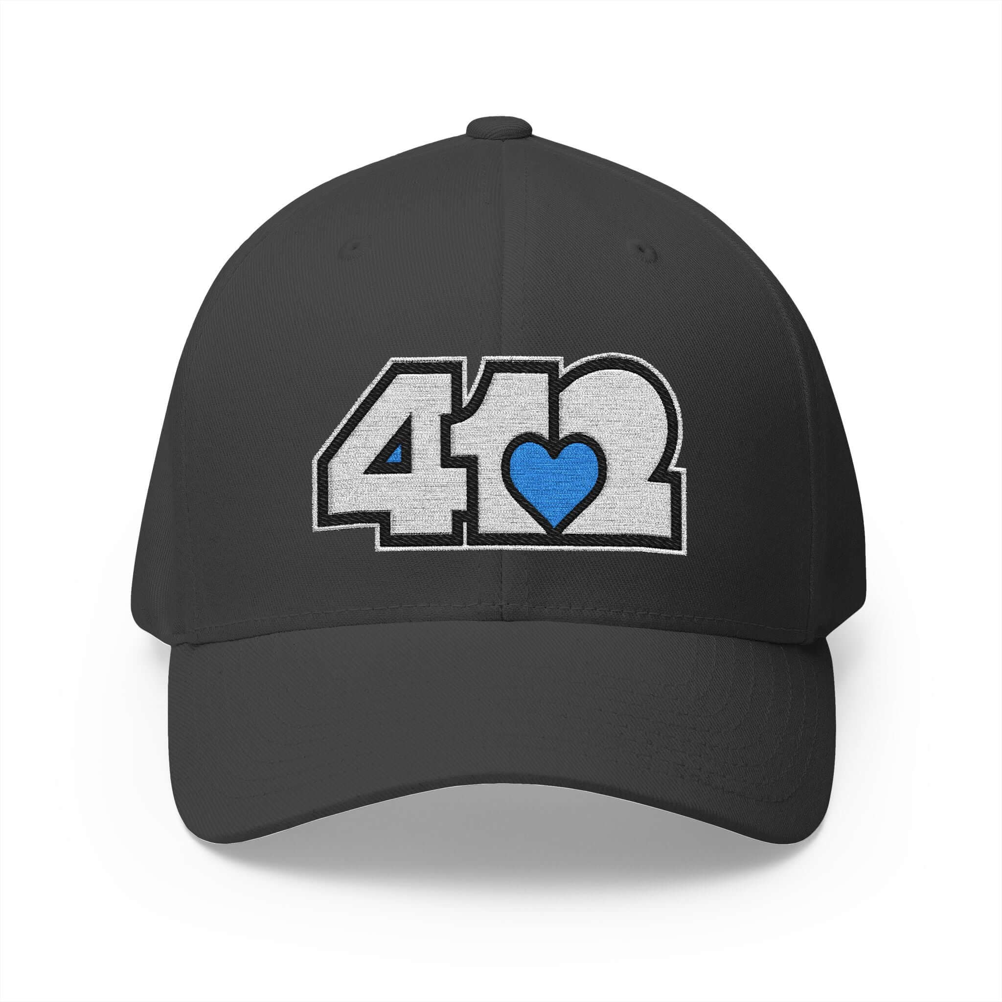 Stretch Fit Hat | Embroidered White and Blue 412 Logo. Apparel Color: Dark Grey. The sleek design, featuring a mid-profile silhouette, and a curved visor.
